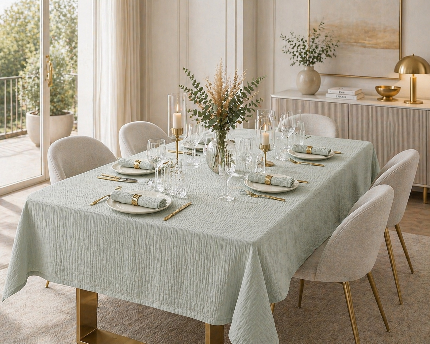 Nappe Rectangle 150 X 350 Cm + 6 Serviettes De Table - Double Gaze De Coton Gaïa Vert D'eau