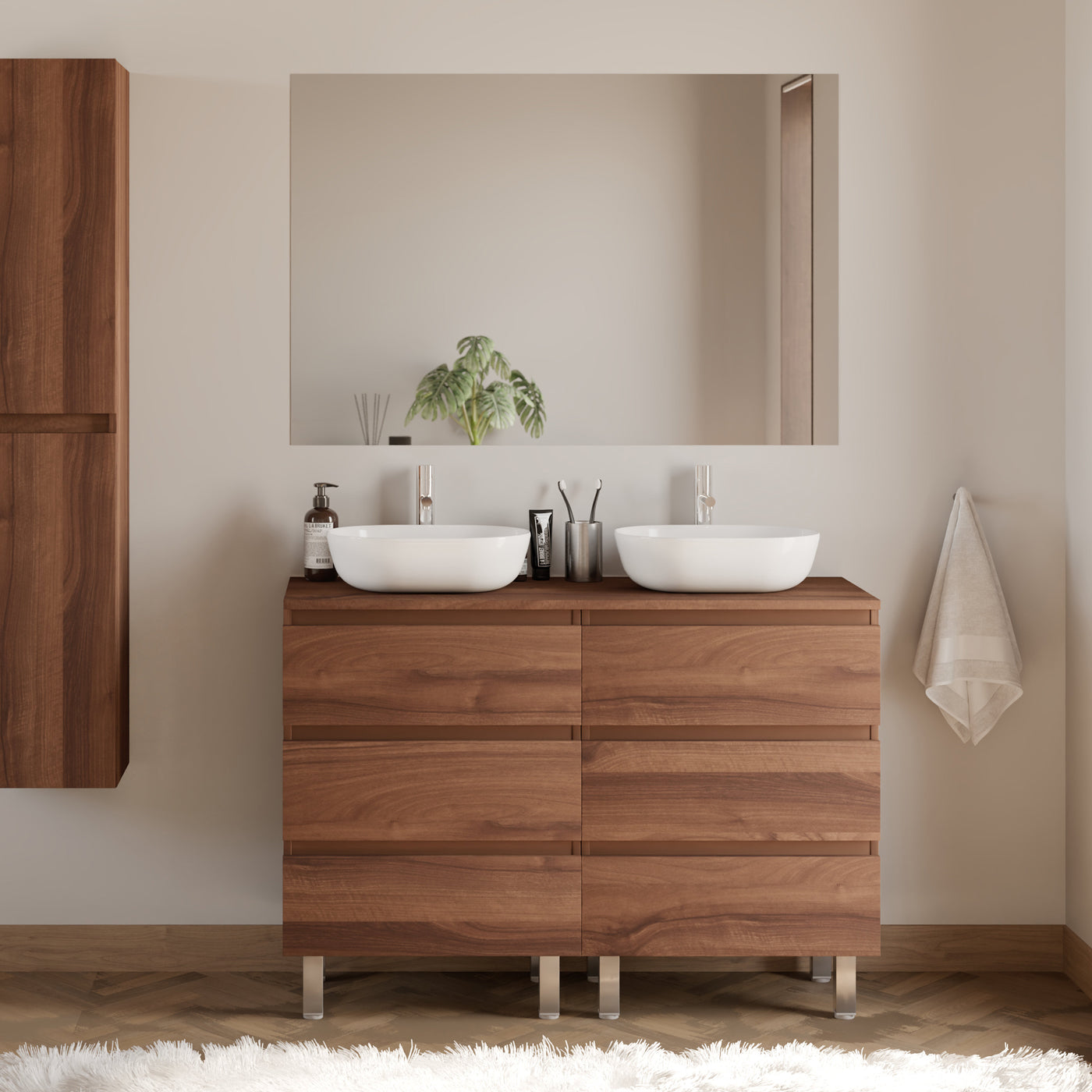 Meuble De Salle De Bain 140cm Avec Plateau Et 2 Vasques À Poser Arrondies - 6 Tiroirs - Noyer (bois Foncé) - Mayor