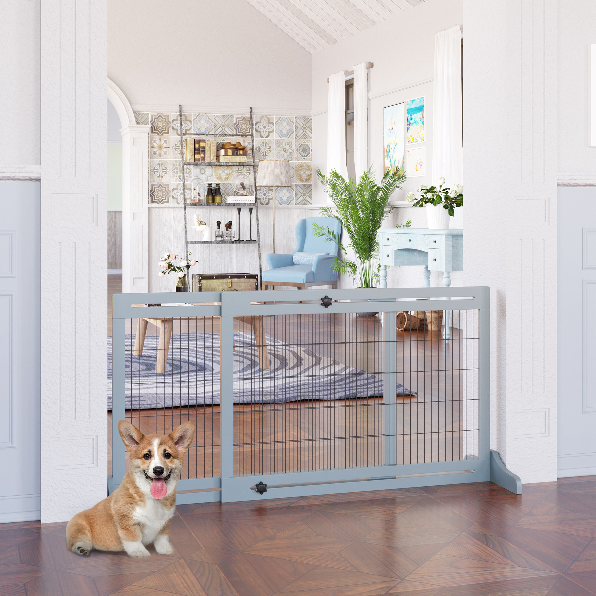 Barrière Pour Chien En Bois Grise, Extensible 104 À 183 Cm, H 69 Cm, Freestanding