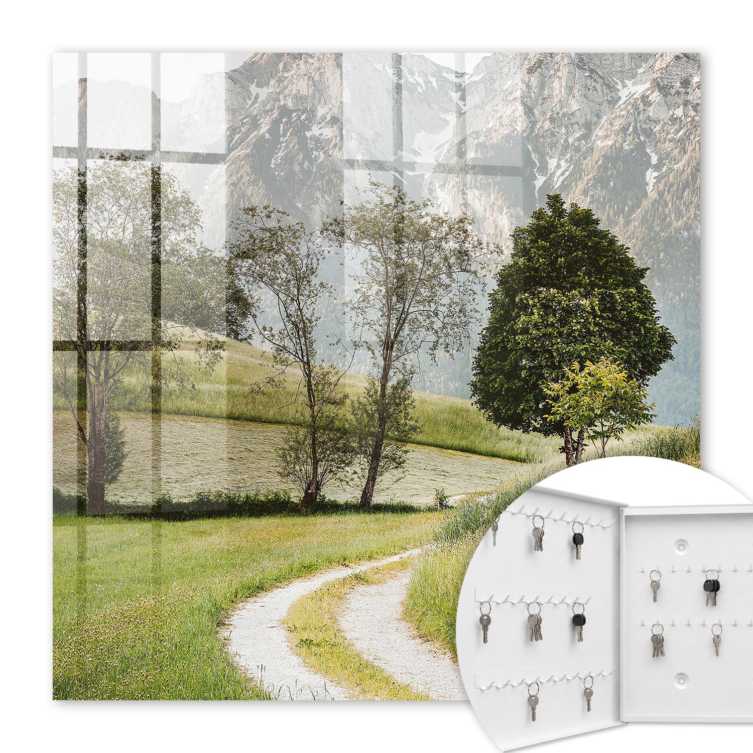 Armoire À Clés - (30 Cm X 30 Cm) - Boîte À Clés Murale - Coffret De Rangement Pour Clés - Couleur Blanche - Ouverture Vers La Gauche - Pour Maison Et Bureau - Paysage De Montagne