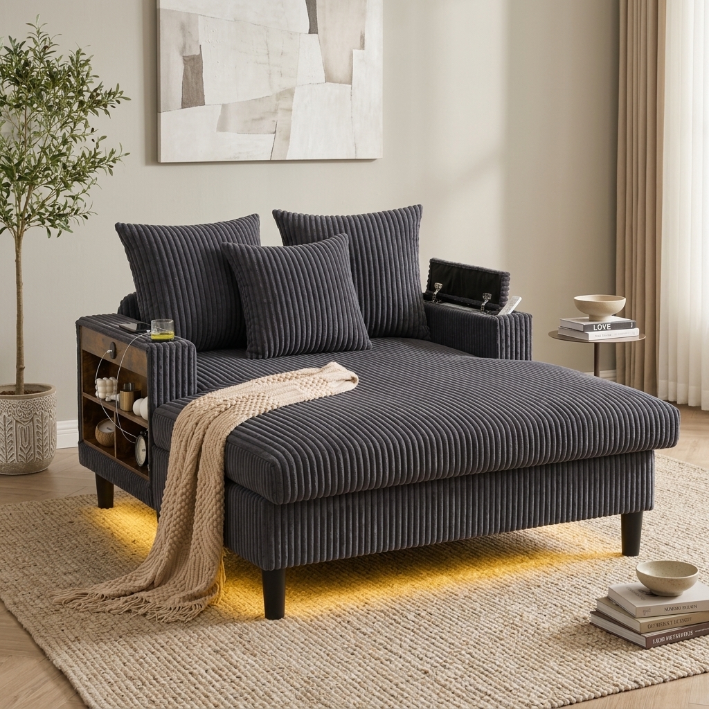 Méridienne Multifonctionnelle En Velours Côtelé Gris Foncé, 170 Cm, Led, Usb, Porte-gobelets