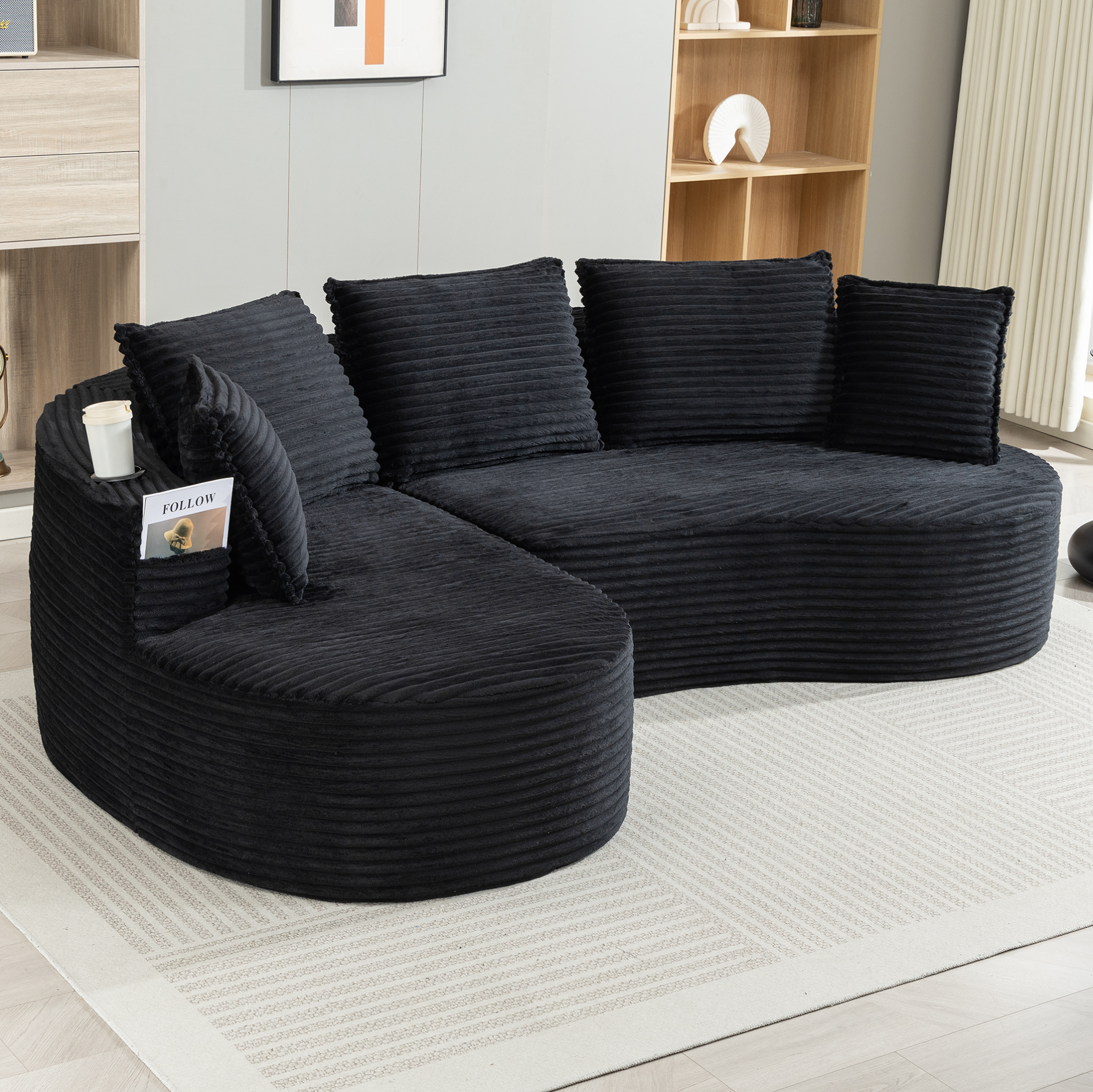 Canapé Courbé 3 Places En Tissu Côtelé Noir, Avec Porte-gobelets, Poche Latérale Et Coussin