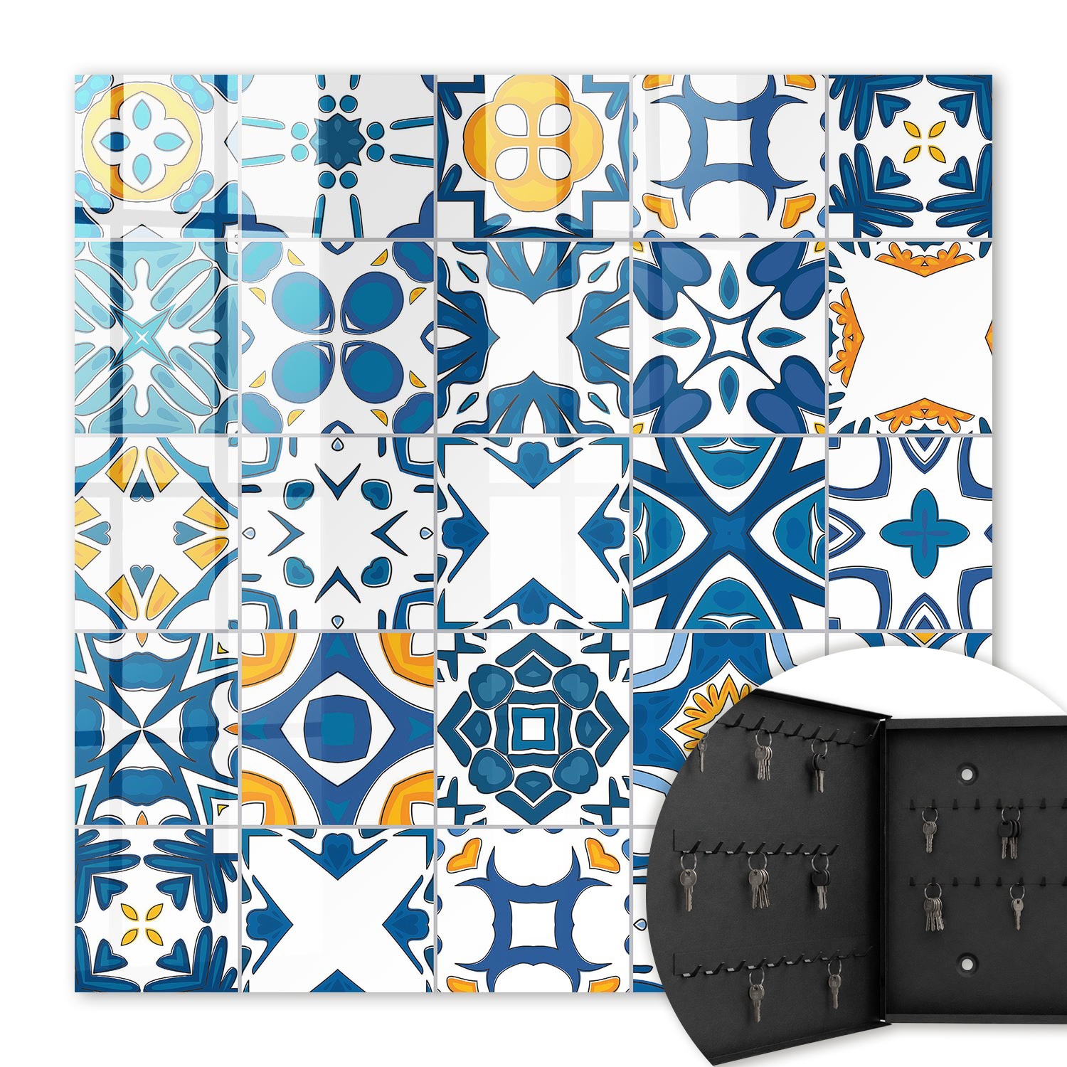 Armoire À Clés - (30 Cm X 30 Cm) - Boîte À Clés Murale - Coffret De Rangement Pour Clés - Couleur Noire - Ouverture Vers La Gauche - Pour Maison Et Bureau - Motifs Géométriques