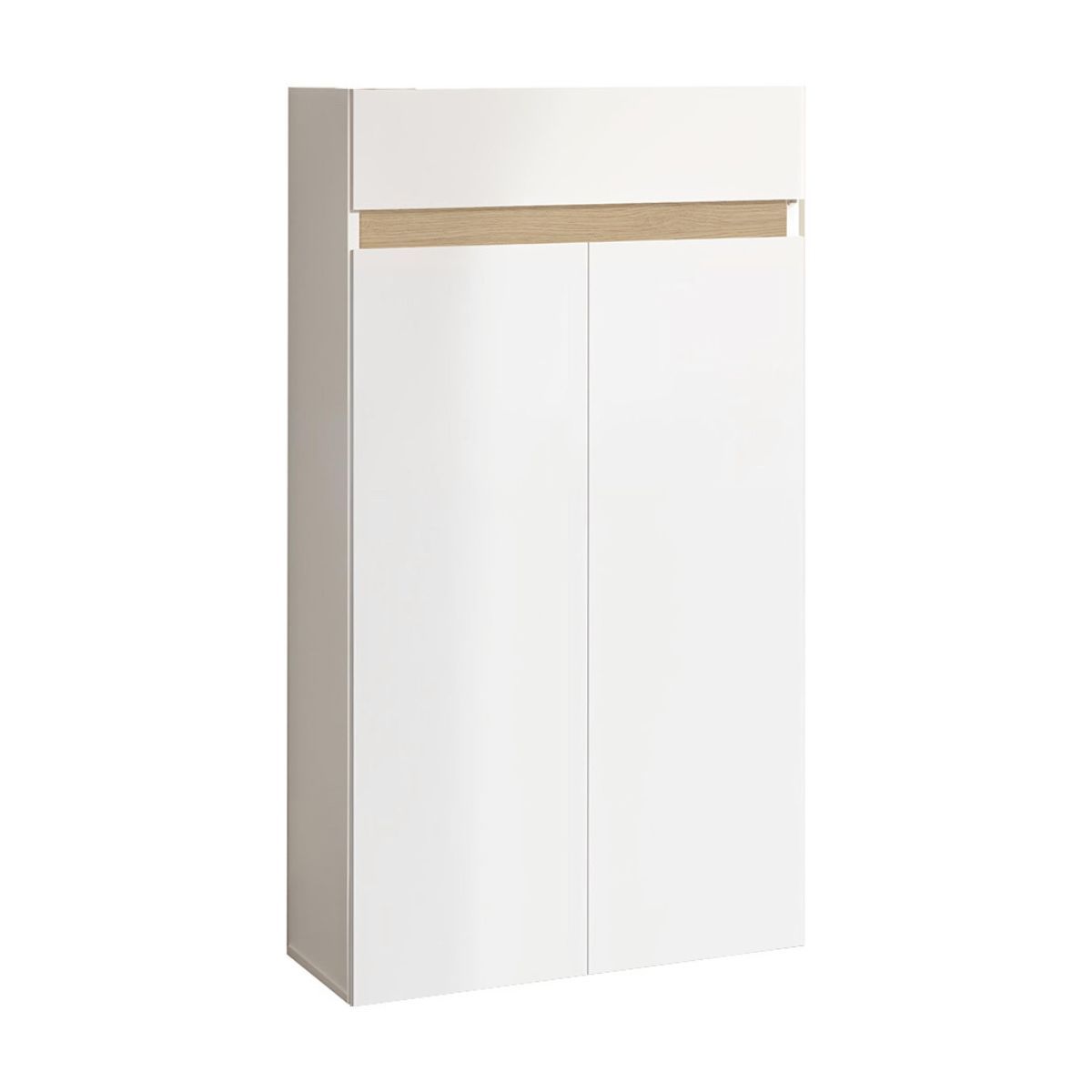 Meuble À Chaussures 2 Portes Et 1 Tiroir Laqué Blanc Et Décor Bandeau Aspect Bois - Eden
