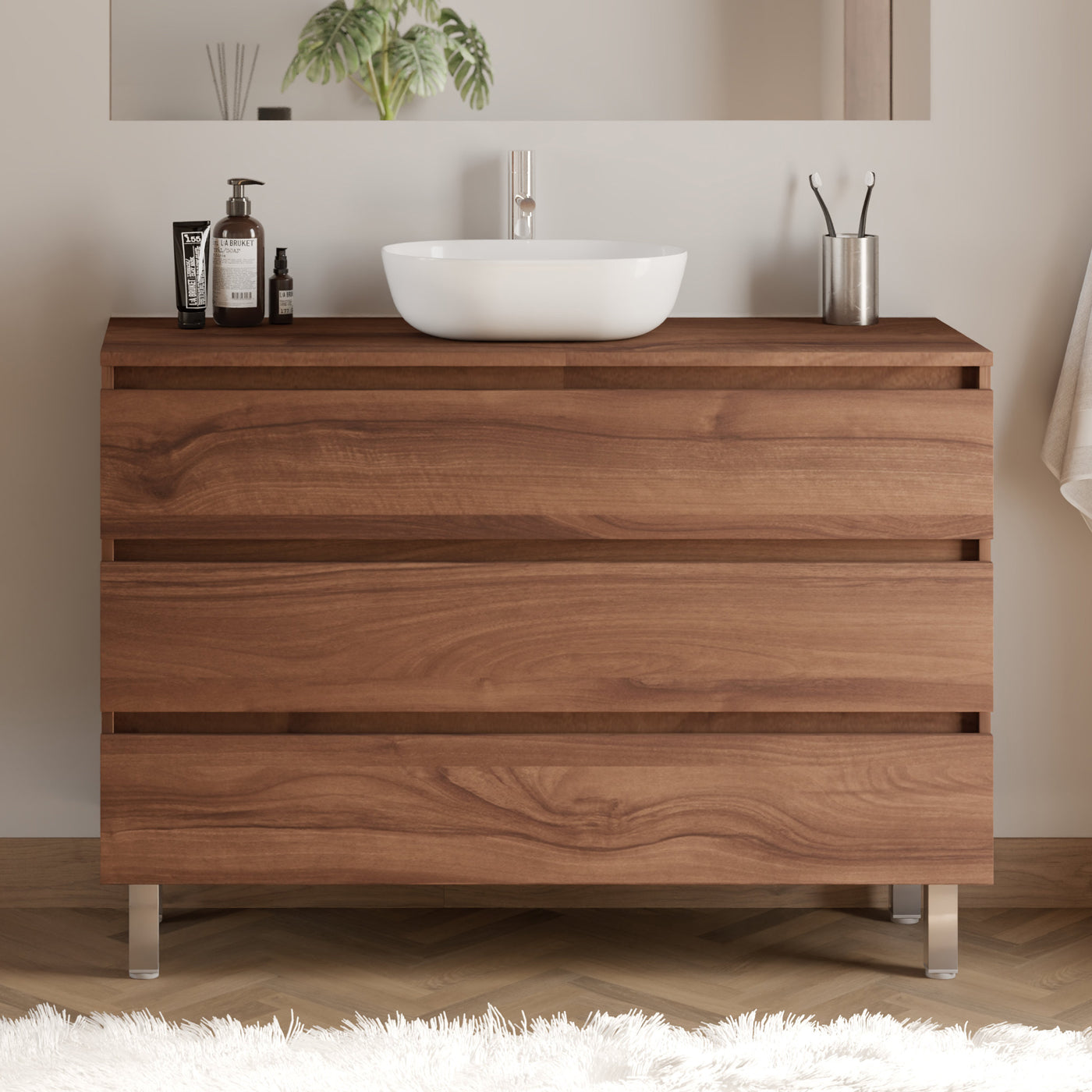 Meuble De Salle De Bain 120cm Avec Plateau Et Vasque À Poser Arrondie - 3 Tiroirs - Sans Miroir - Noyer (bois Foncé) - Mayor