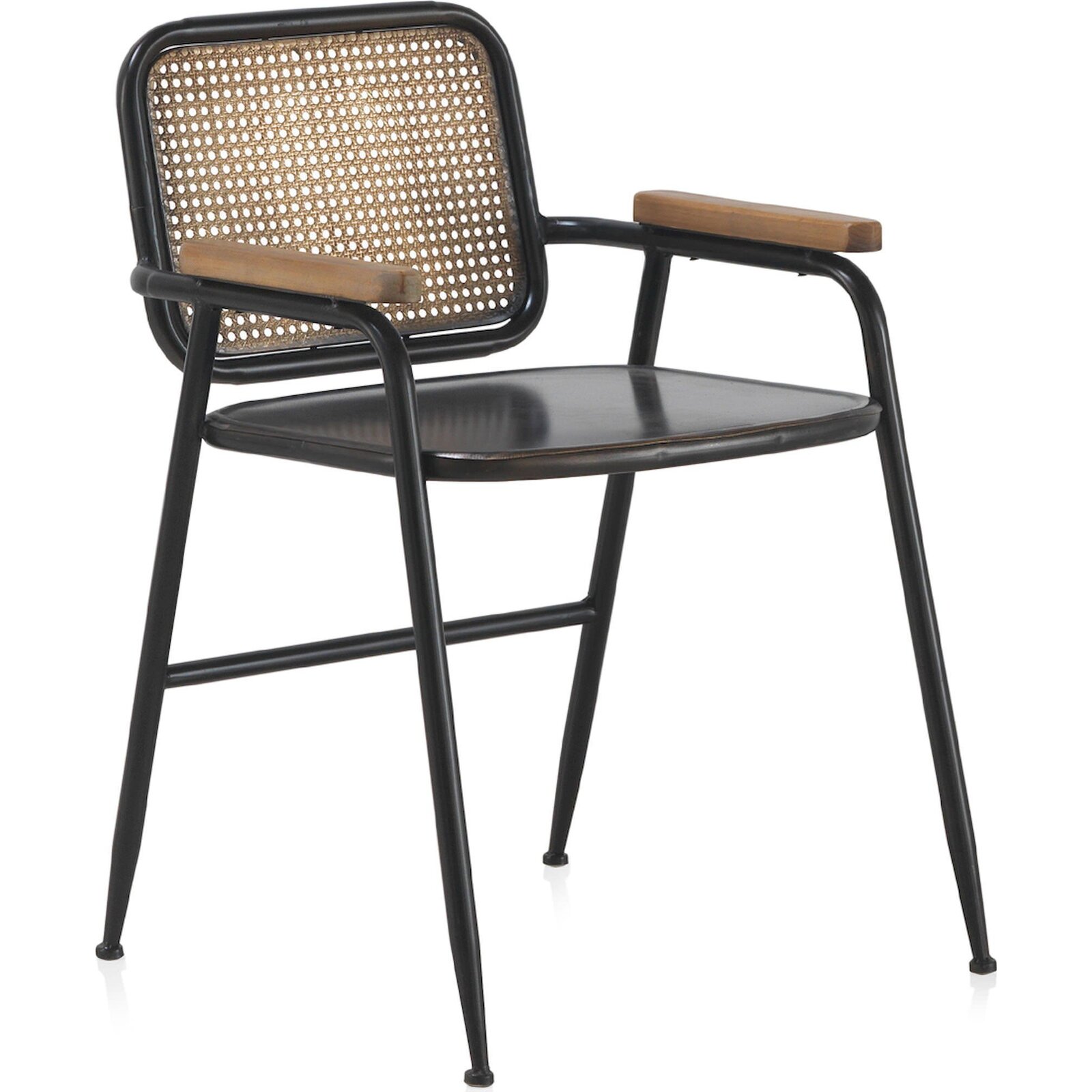 Fauteuil Métal Noir Dossier Effet Rotin Et Accoudoirs Bois - Noir Effet Rotin Cuivre Bois Naturel