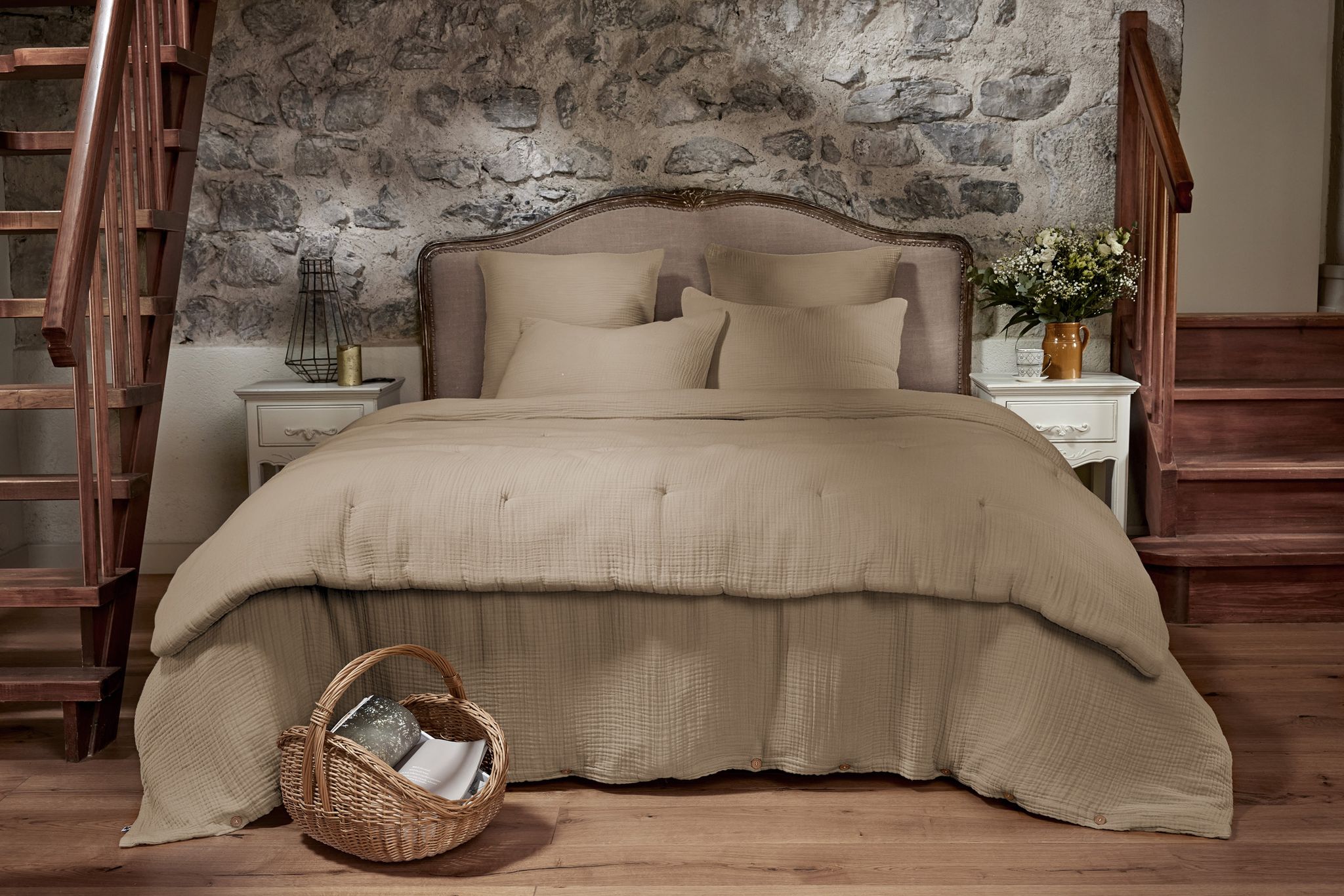 Housse De Couette 240 X 220 Cm Quadruple Gaze De Coton 220 G/m² Bella Ficelle