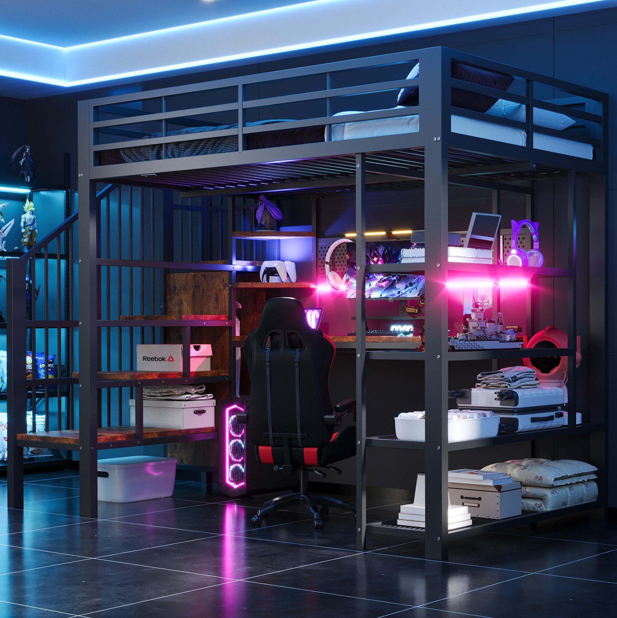 Lit Mezzanine En Métal 140 X 200 Cm Avec Bureau, Led, Prises Et Rangements, Noir