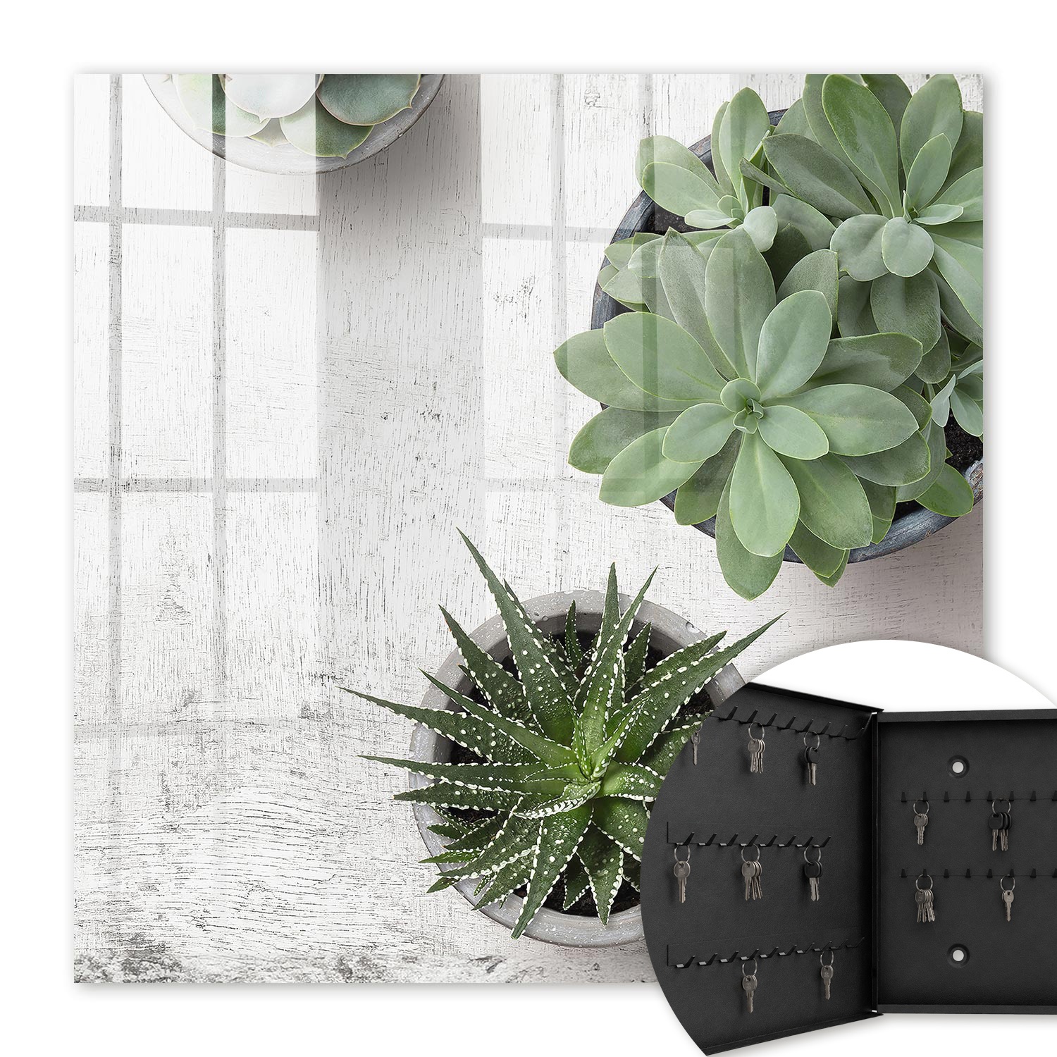 Armoire À Clés - (30 Cm X 30 Cm) - Boîte À Clés Murale - Coffret De Rangement Pour Clés - Couleur Noire - Ouverture Vers La Gauche - Pour Maison Et Bureau - Plantes Succulentes Vertes