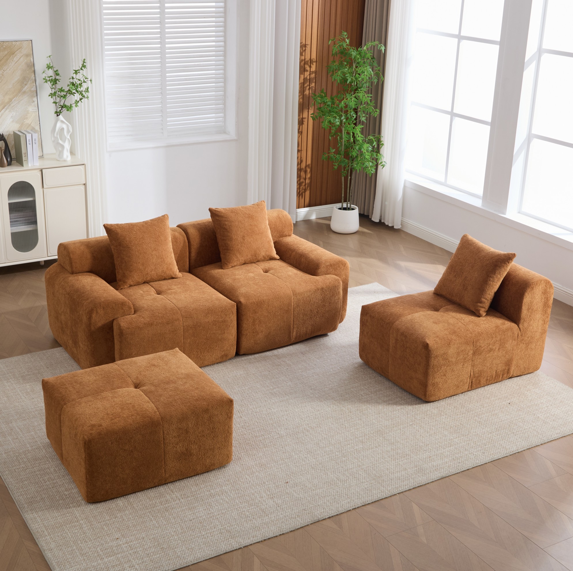Canapé D'angle Modulable En L En Tissu Orange, 3 Places, 268×102×81 Cm, Sans Montage