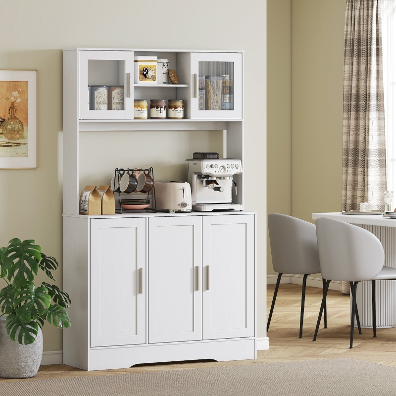 Redom Buffet De Cuisine 108x35x180 Cm, 4 Placards, Étagères Réglables, Portes En Verre Trempé, Bois Blanc