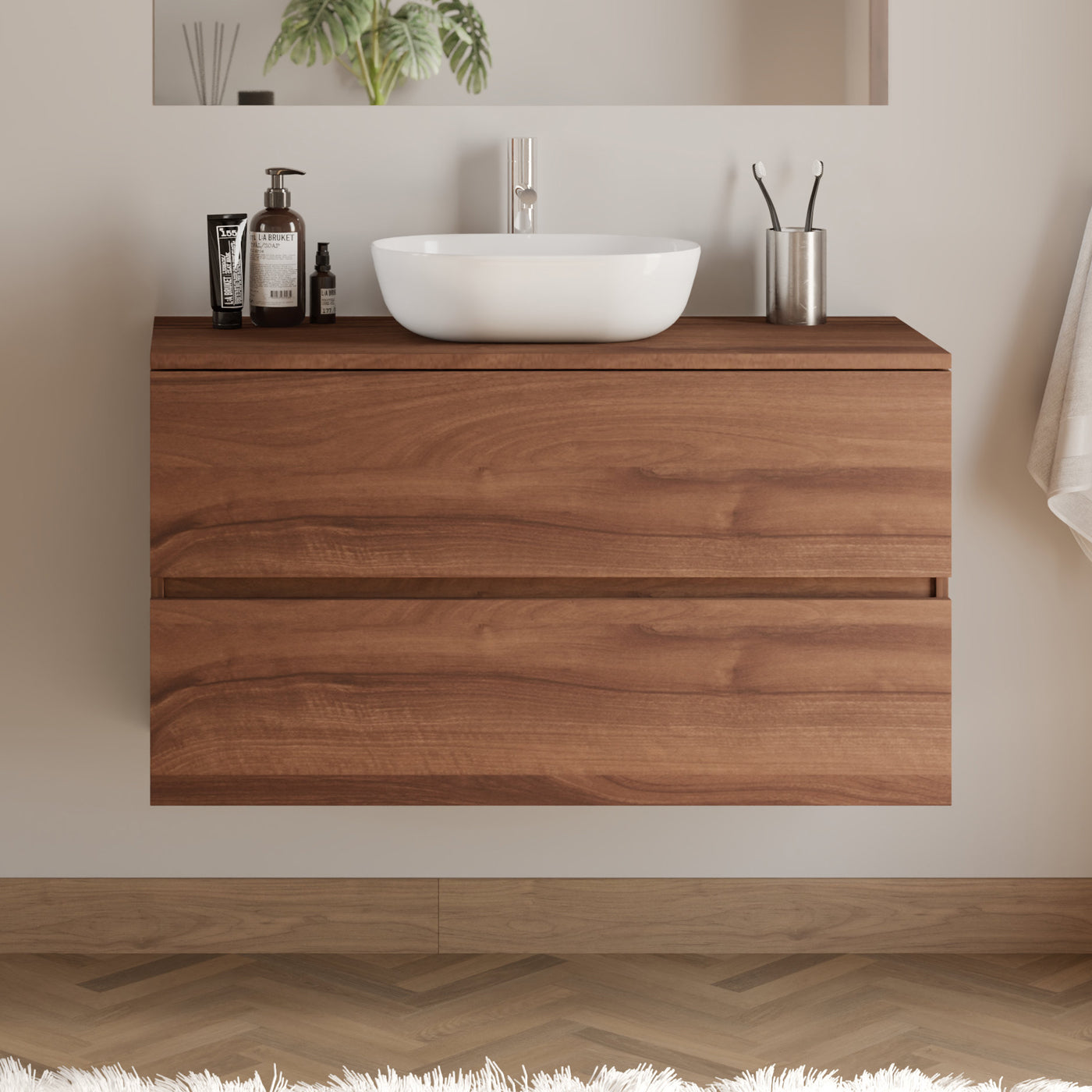 Meuble De Salle De Bain 90cm Avec Plateau Et Vasque À Poser Arrondie - 2 Tiroirs - Sans Miroir - Noyer (bois Foncé) - Ida
