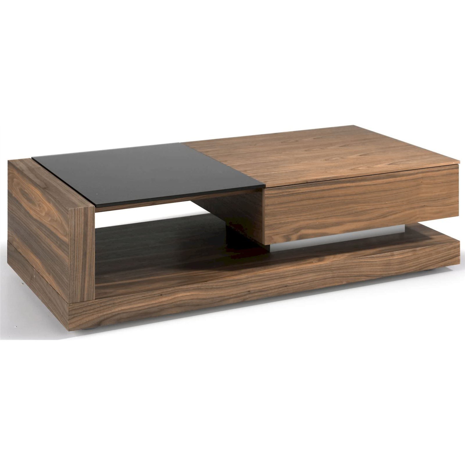 Table Basse Bois Tiroir Et Espace Ouvert Pour Le Rangement Insert Acier Poli Pieds Bois - Noyer, Noir