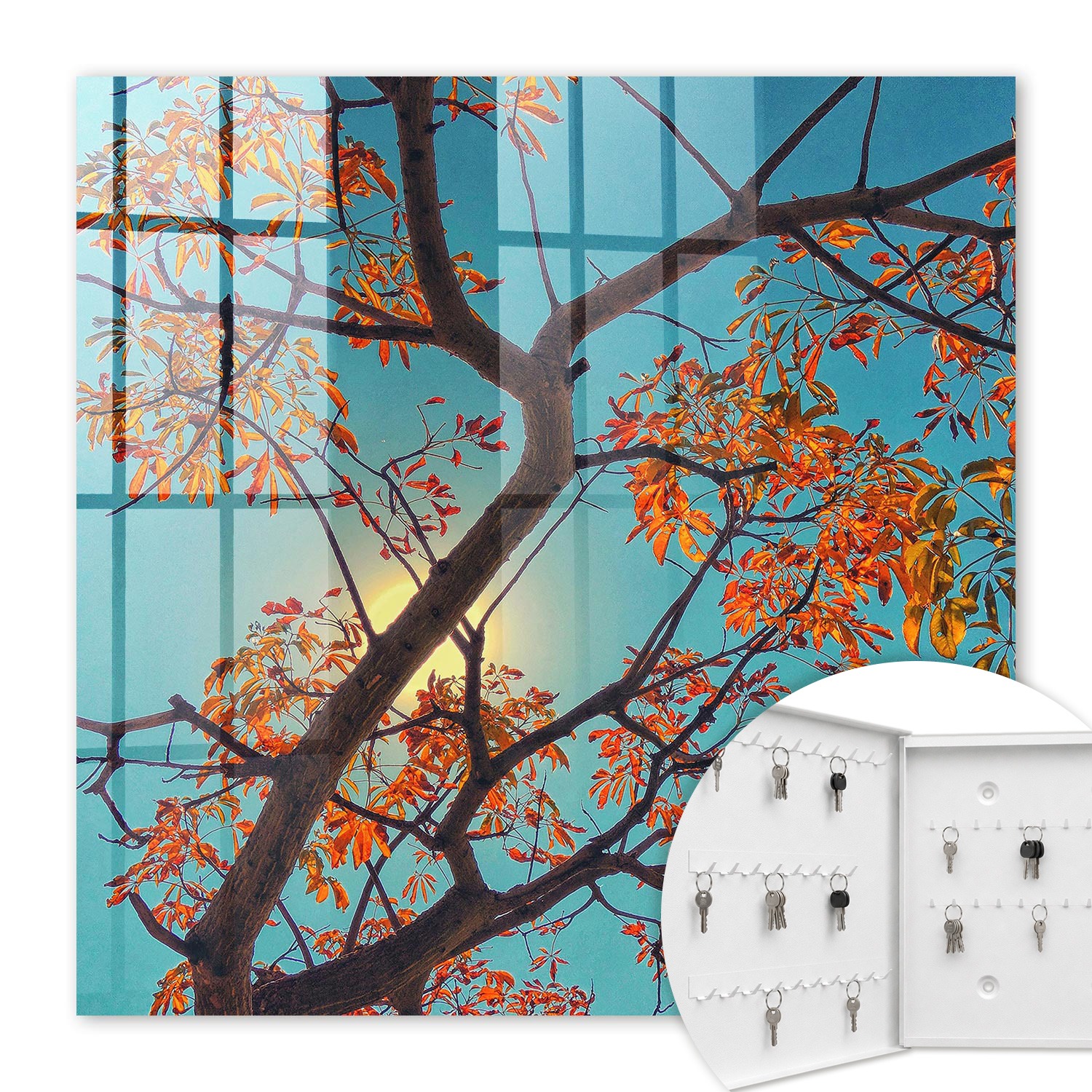 Armoire À Clés - (30 Cm X 30 Cm) - Boîte À Clés Murale - Coffret De Rangement Pour Clés - Couleur Blanche - Ouverture Vers La Gauche - Pour Maison Et Bureau - Arbre D'Automne