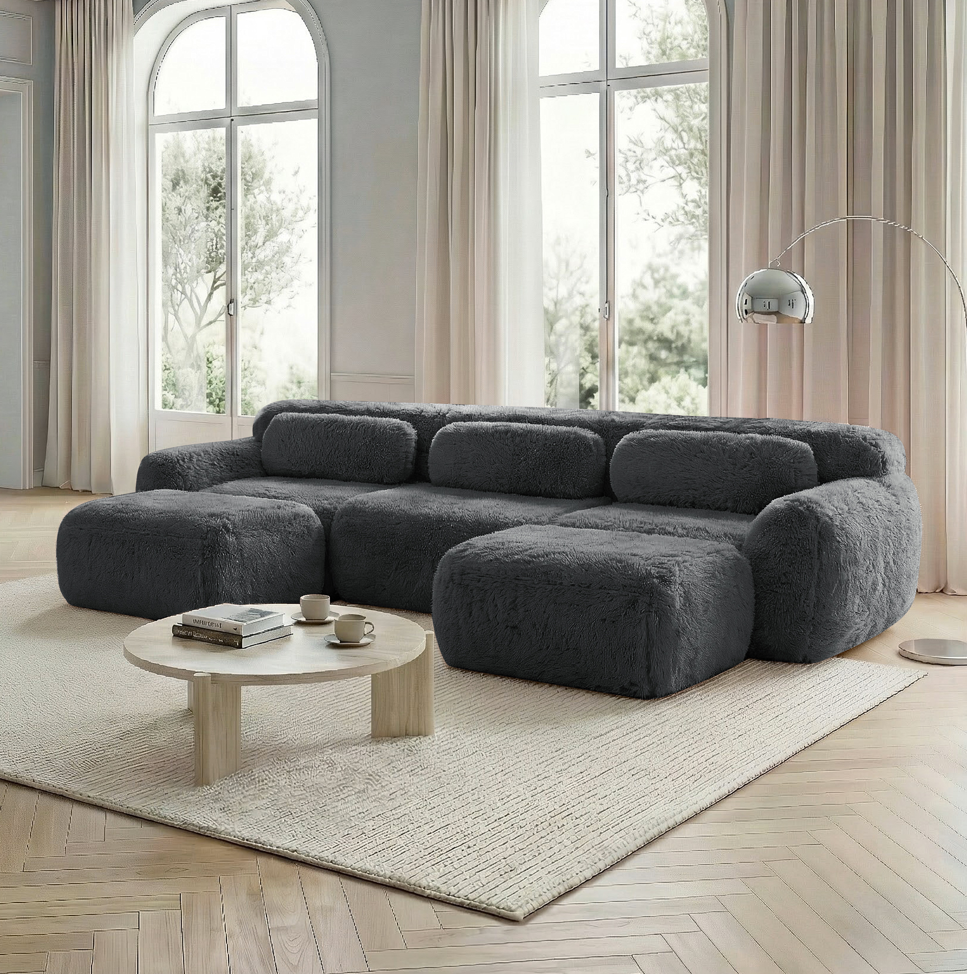 Redom - Canapé Modulable En U, Tissu Peluche Gris, Ultra Doux, Assise Large, Base Antidérapante