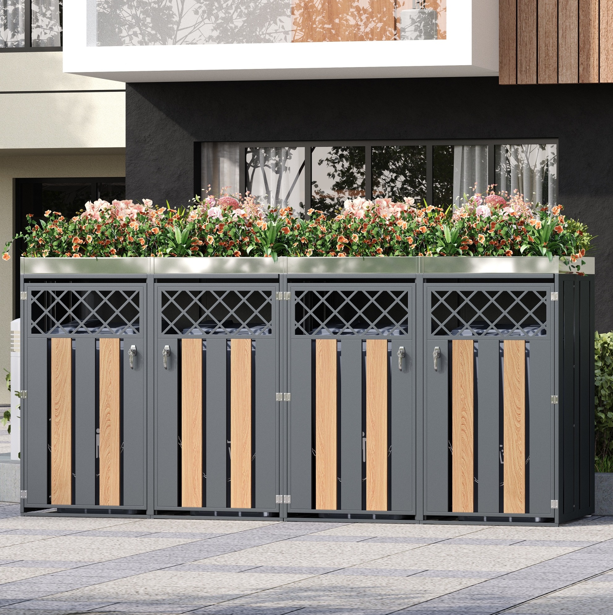 Cache-poubelles Extérieur Verrouillable 4 Compartiments Avec Bac À Fleurs, Acier Galvanisé Gris