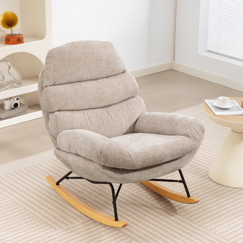 Fauteuil À Bascule Rembourré En Tissu, Base En Acier Et Patins En Bois, Blanc Crème, Redom