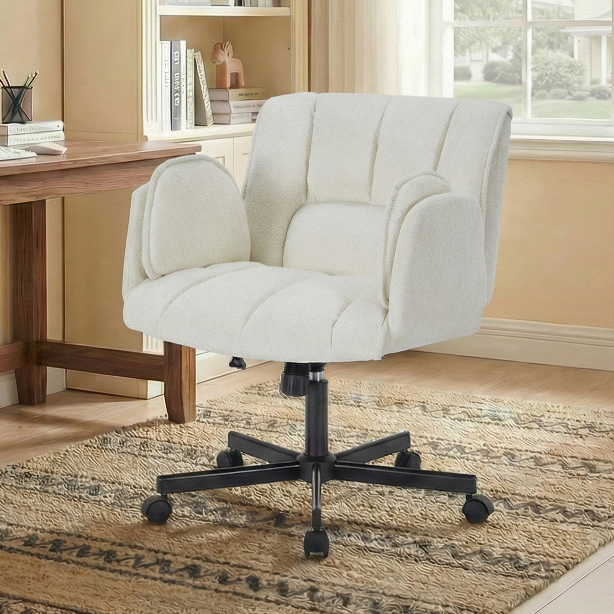 Chaise De Bureau Pivotante Avec Accoudoirs Rabattables, Hauteur Réglable, Beige, Tissu