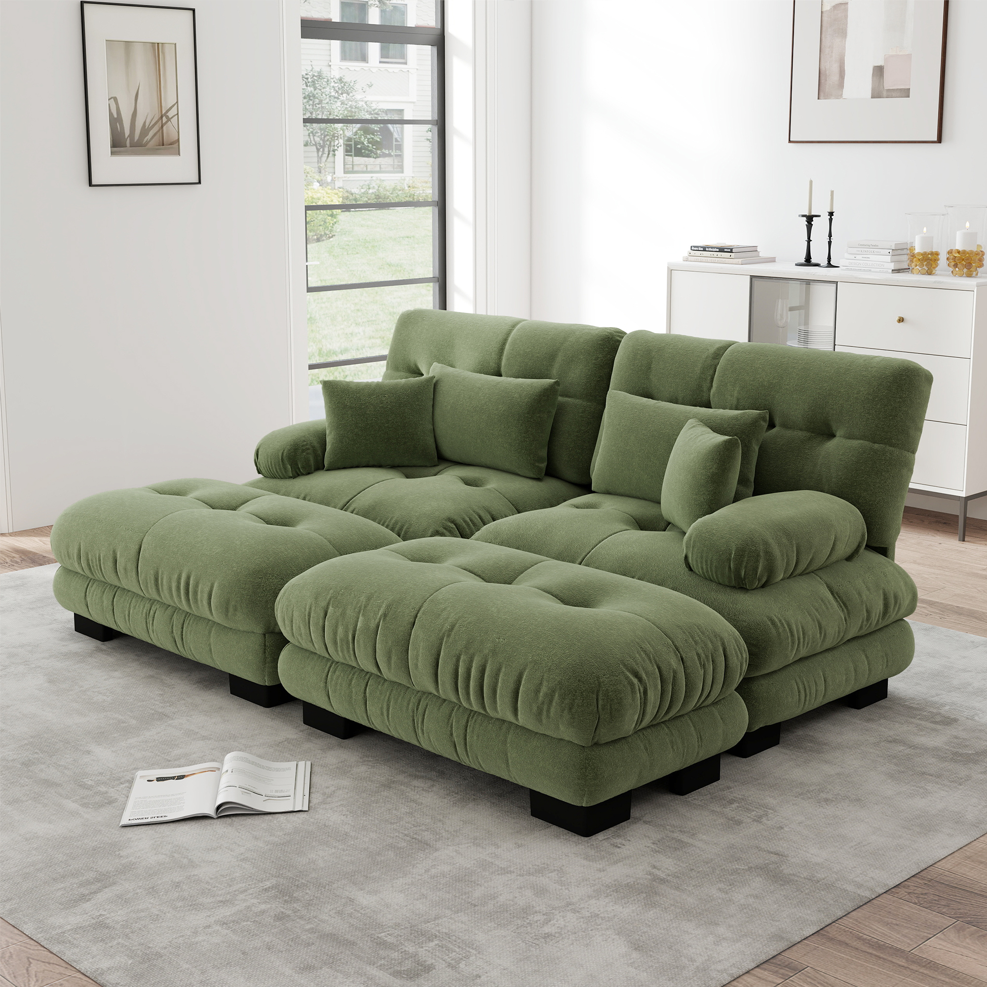 Redom Canapé 2 Places Modulaire, Avec 2 Ottomans, 2 Coussins Lombaires Et 2 Coussins Décoratifs, Chenille Verte