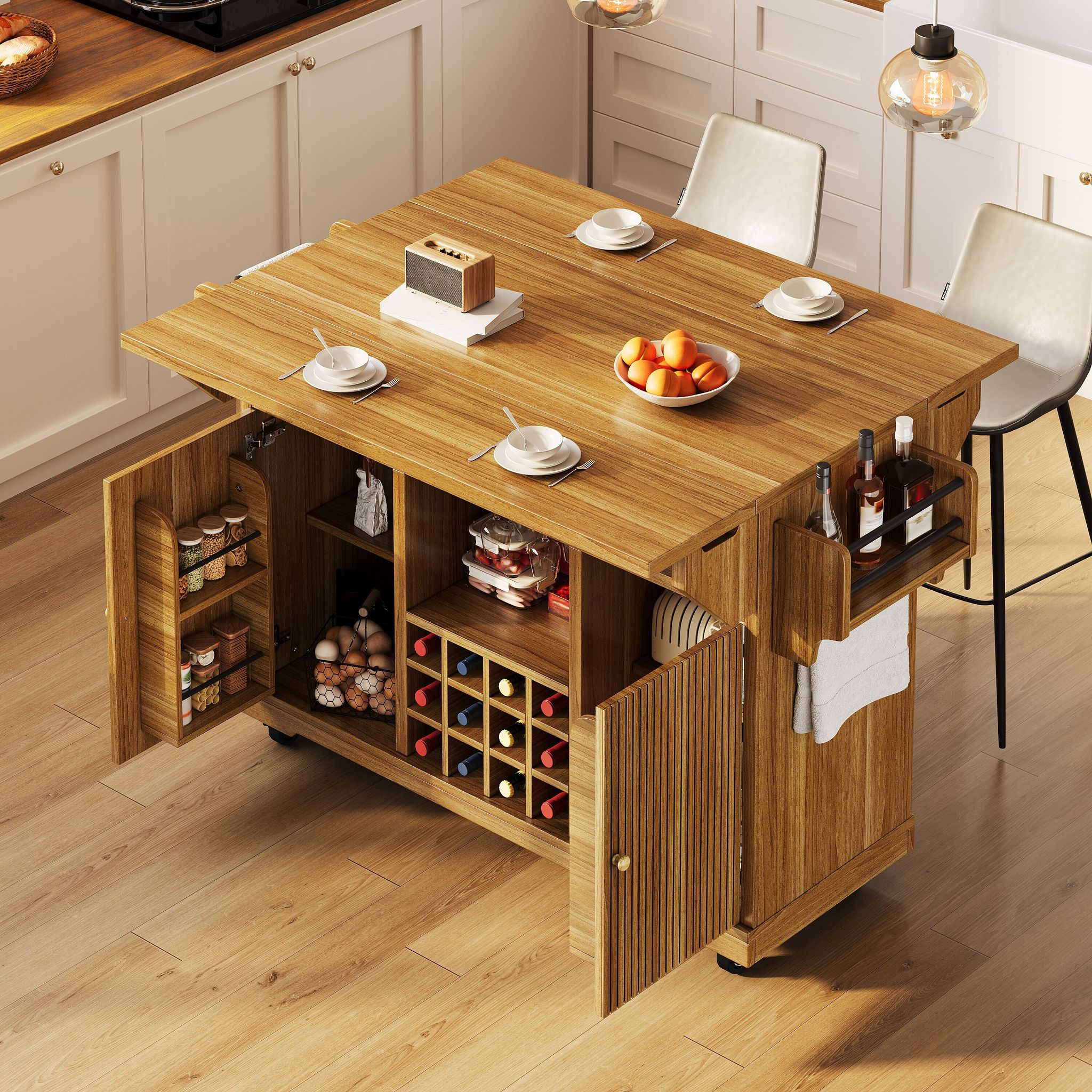 Chariot De Service 142.5x80x95 Cm, Plan De Travail Ergonomique, Rangements Multiples, Mdf Marron Foncé