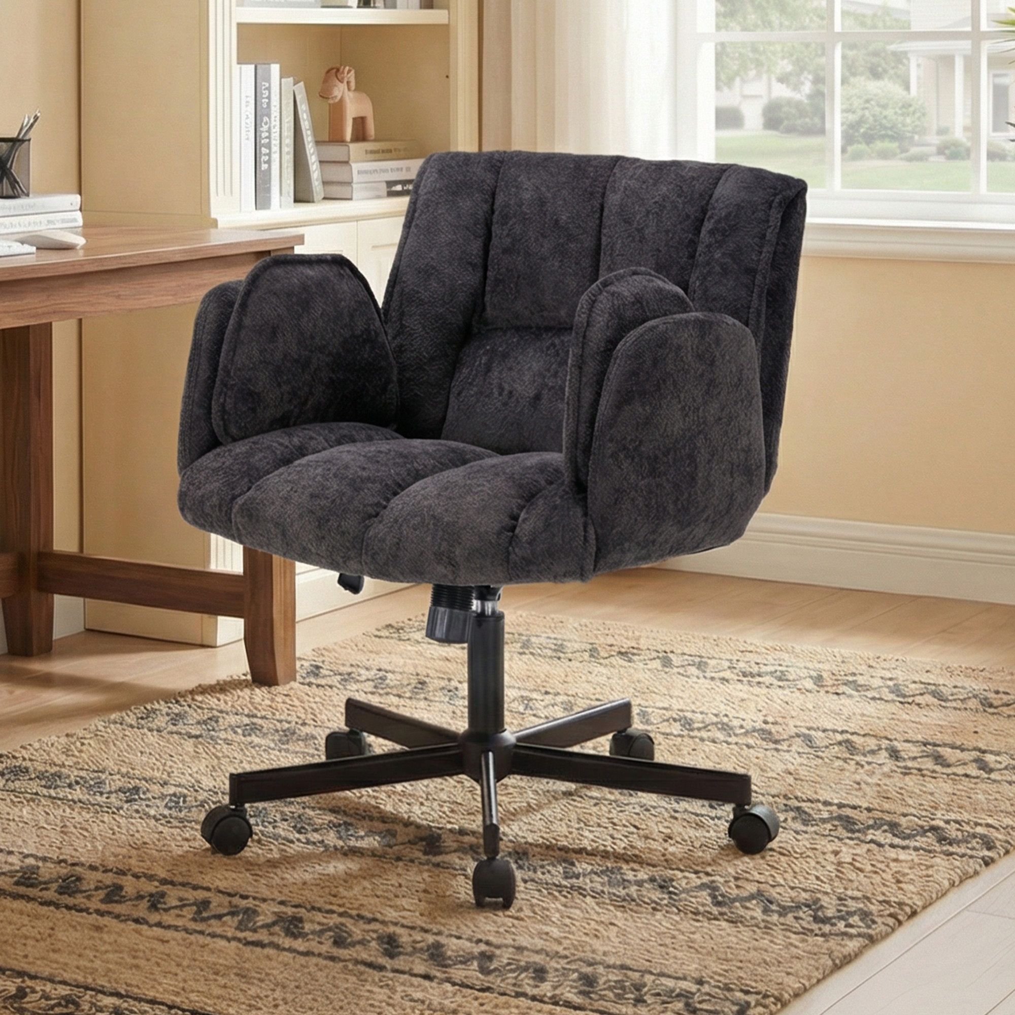 Chaise De Bureau Pivotante Noire En Tissu, Accoudoirs Rabattables, Réglable, 150 Kg