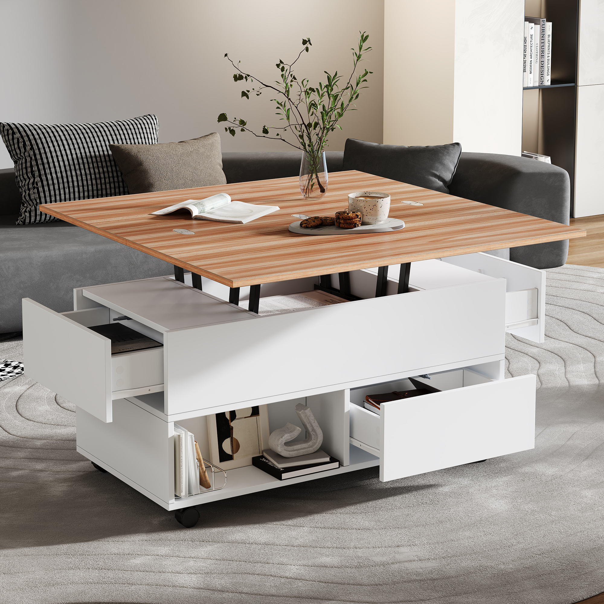 Redom Table Basse 100x50x52 Cm, Plateau Relevable Extensible, 4 Tiroirs, 2 Niches, 4 Roulettes, Panneaux De Particules, Blanc Et Chêne