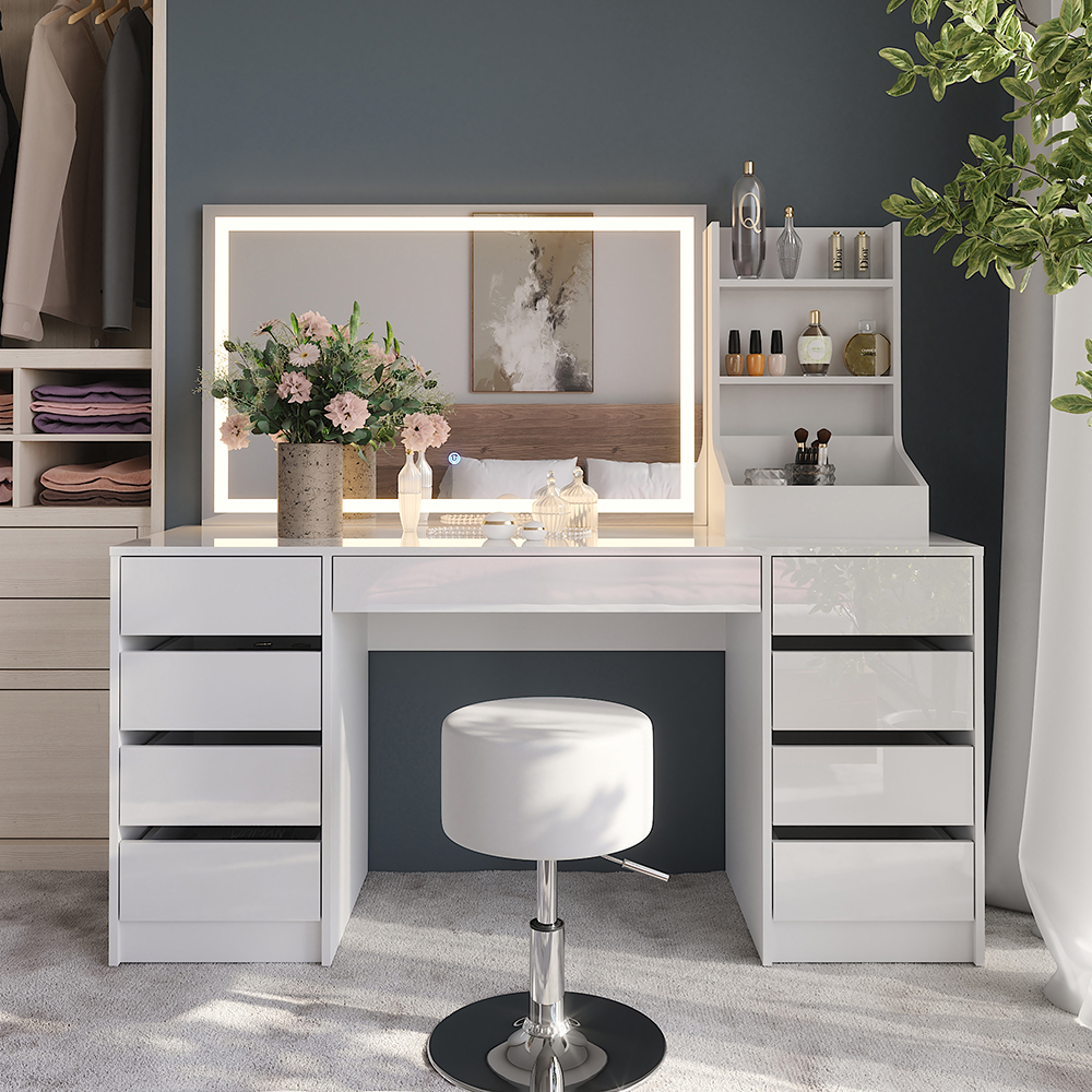 Coiffeuse Sherry, Blanc/blanc Haute Brillance, 158.2cm Avec Miroir Led Et Tabouret, Vicco
