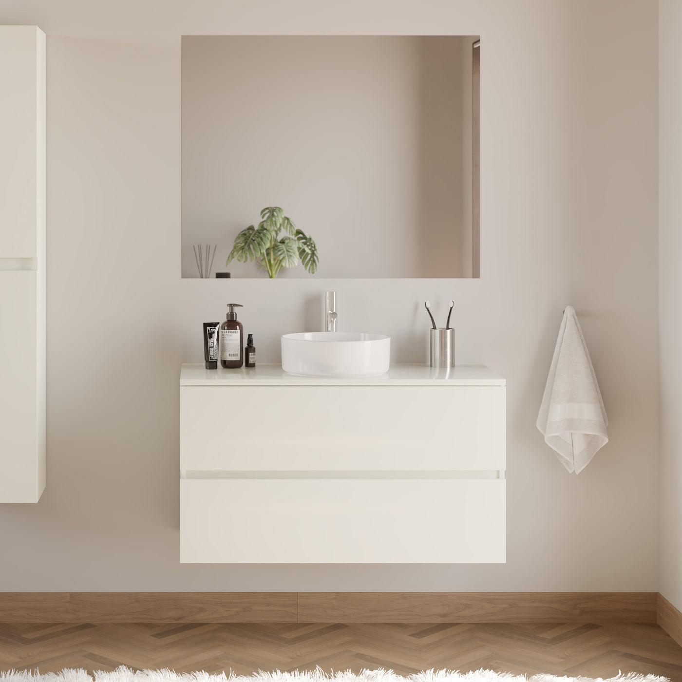Meuble De Salle De Bain 100cm Avec Plateau Et Vasque À Poser Ronde - 2 Tiroirs - Blanc Brillant - Ida