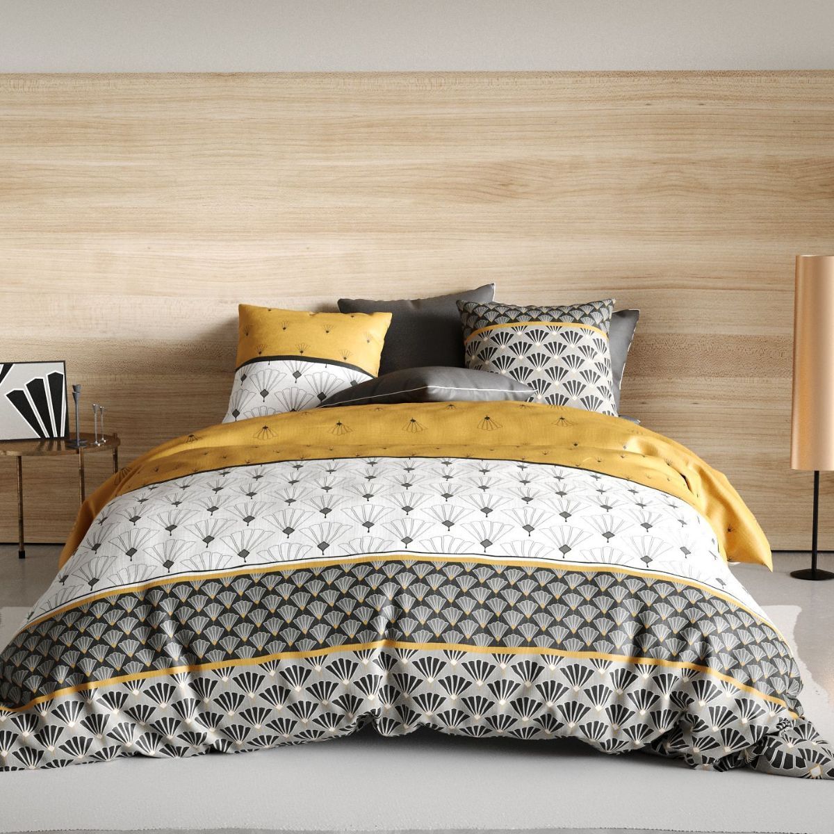 Parure Housse De Couette 260x240cm + 2 Taies Motif Rétro Gris Et Jaune 100% Coton - Tilio