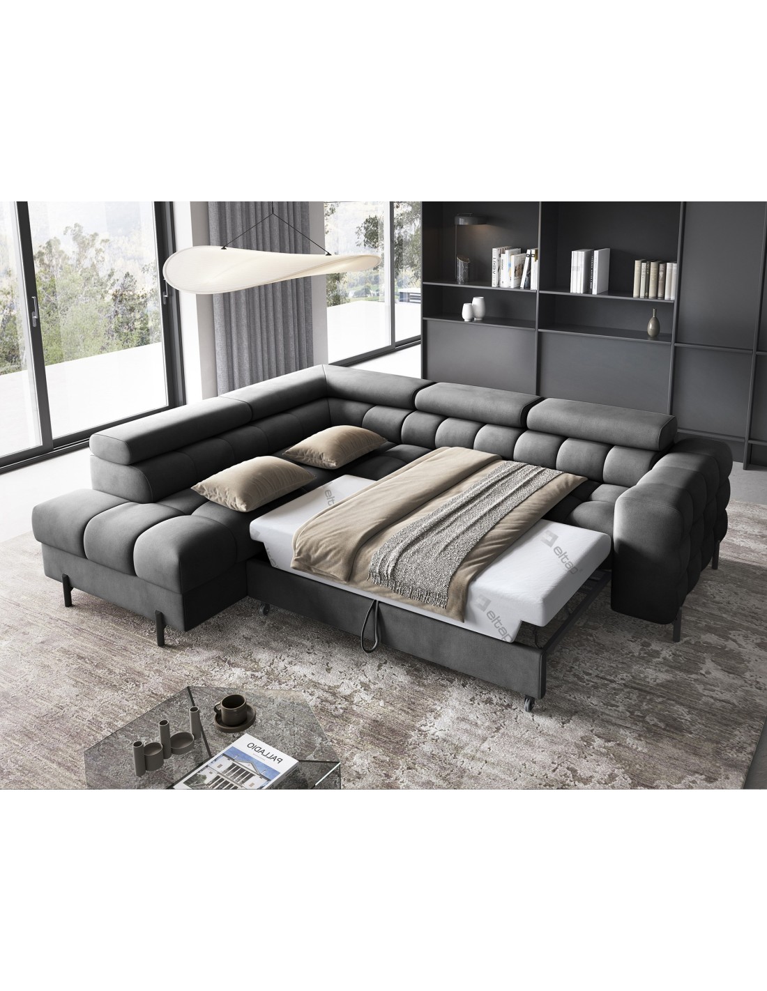 Canapé Ferrum Gris Foncé Convertible 5 Places Angle Gauche Assise Confort 276x93x200cm