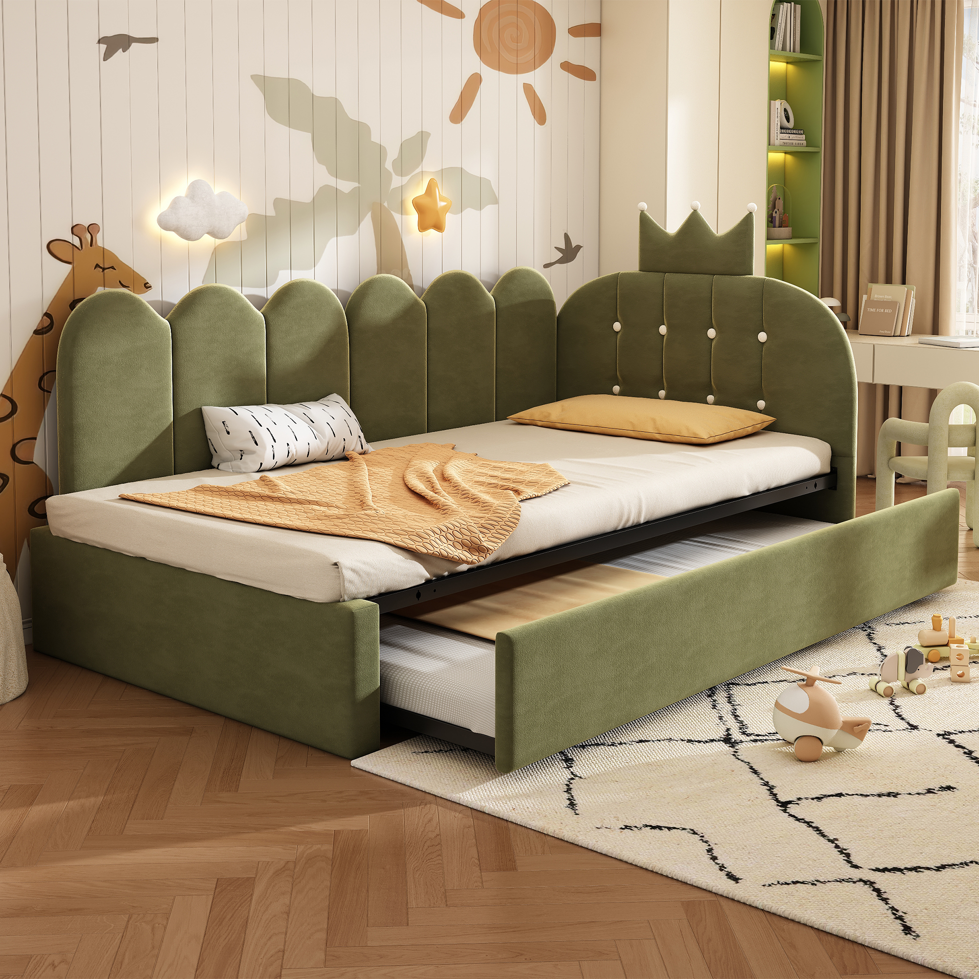 Redom Lit Gigogne 90x190/200 Cm Motif À Carreaux, En Forme De L, Tissu Velours, Vert (sans Matelas)