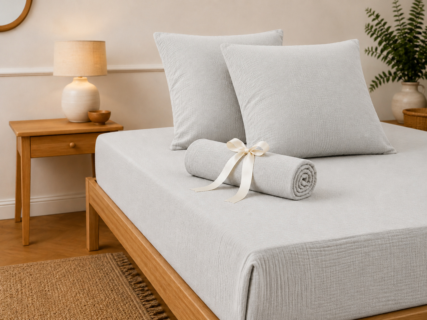 Pack Drap Housse 140 X 190 Cm + 2 Taies D'oreiller 60 X 60 Cm Double Gaze De Coton Gaïa Nuage
