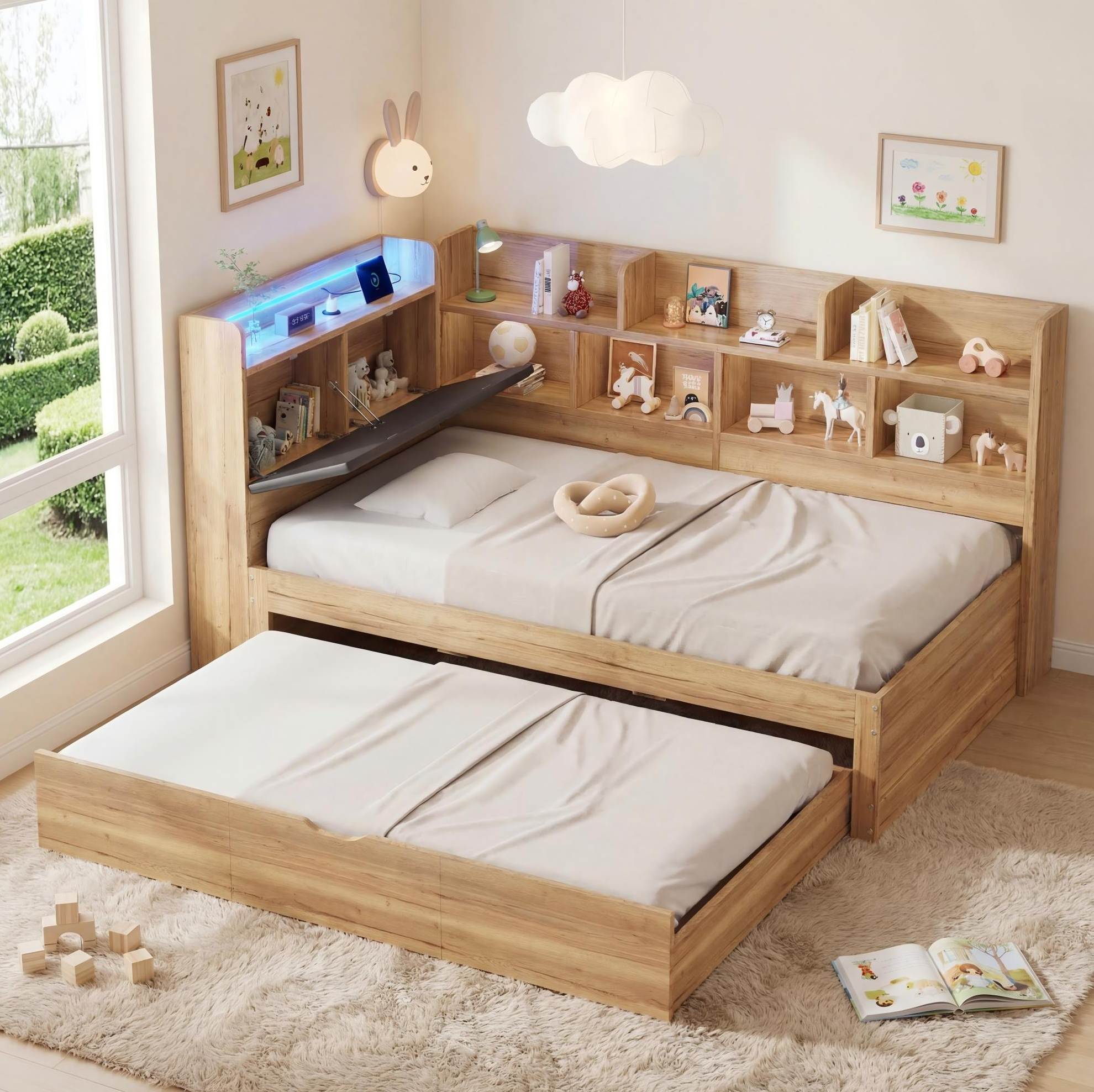 Lit Enfant 90x200 Avec Lit Gigogne 90x190, Led, Usb Type-c, Rangements, Mdf Naturel