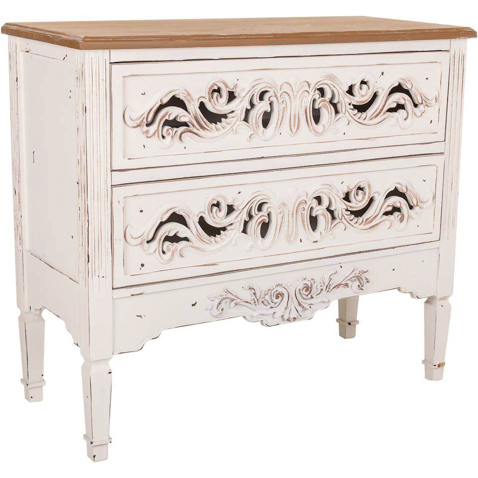 Commode Deux Tiroirs Style Antique Blanc Sculpté Bois - Blanc Antique Bois Naturel