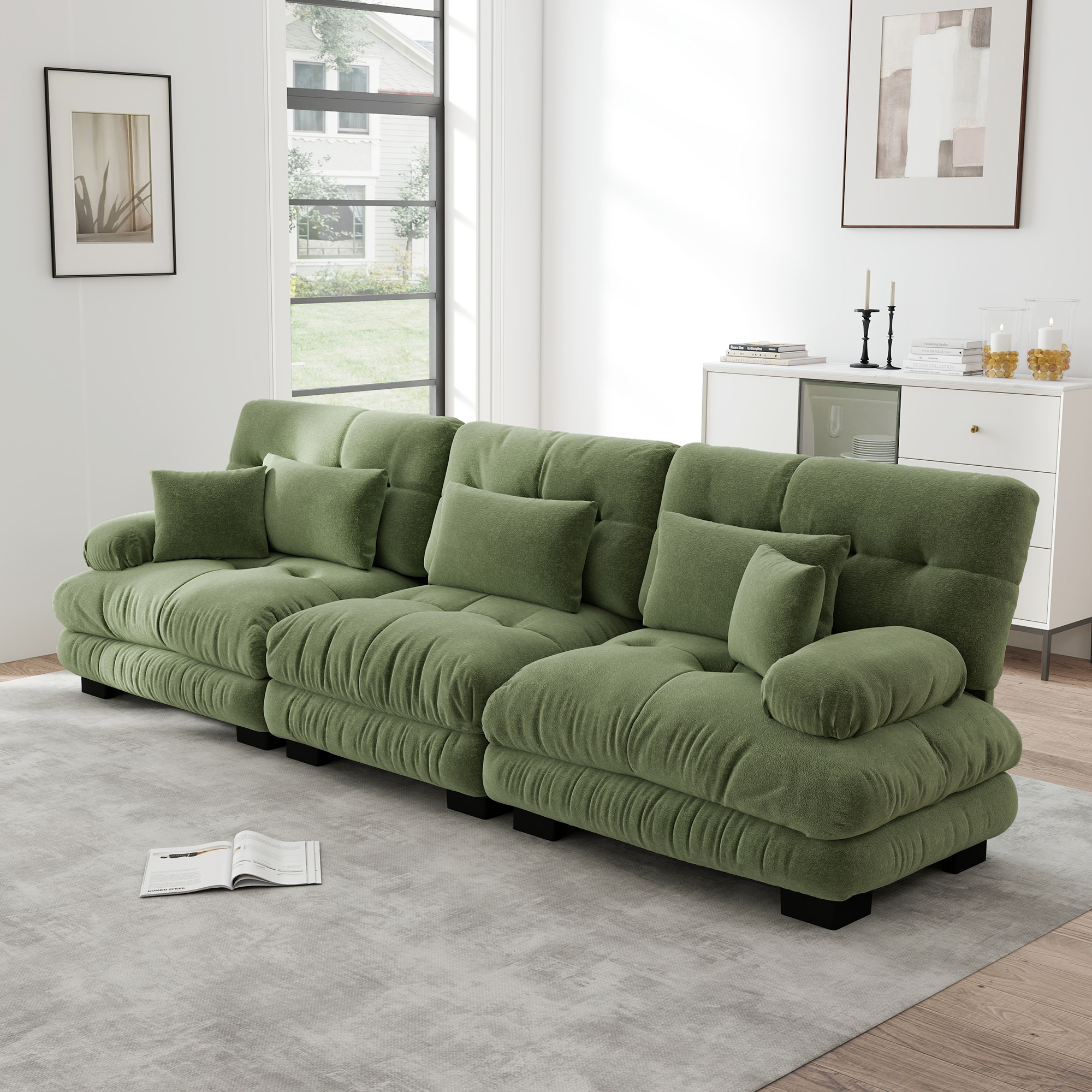 Redom Canapé 3 Places Modulaire, Assise Profonde, Coussins Moelleux, Accoudoirs Rembourrés Ronds, Chenille Verte