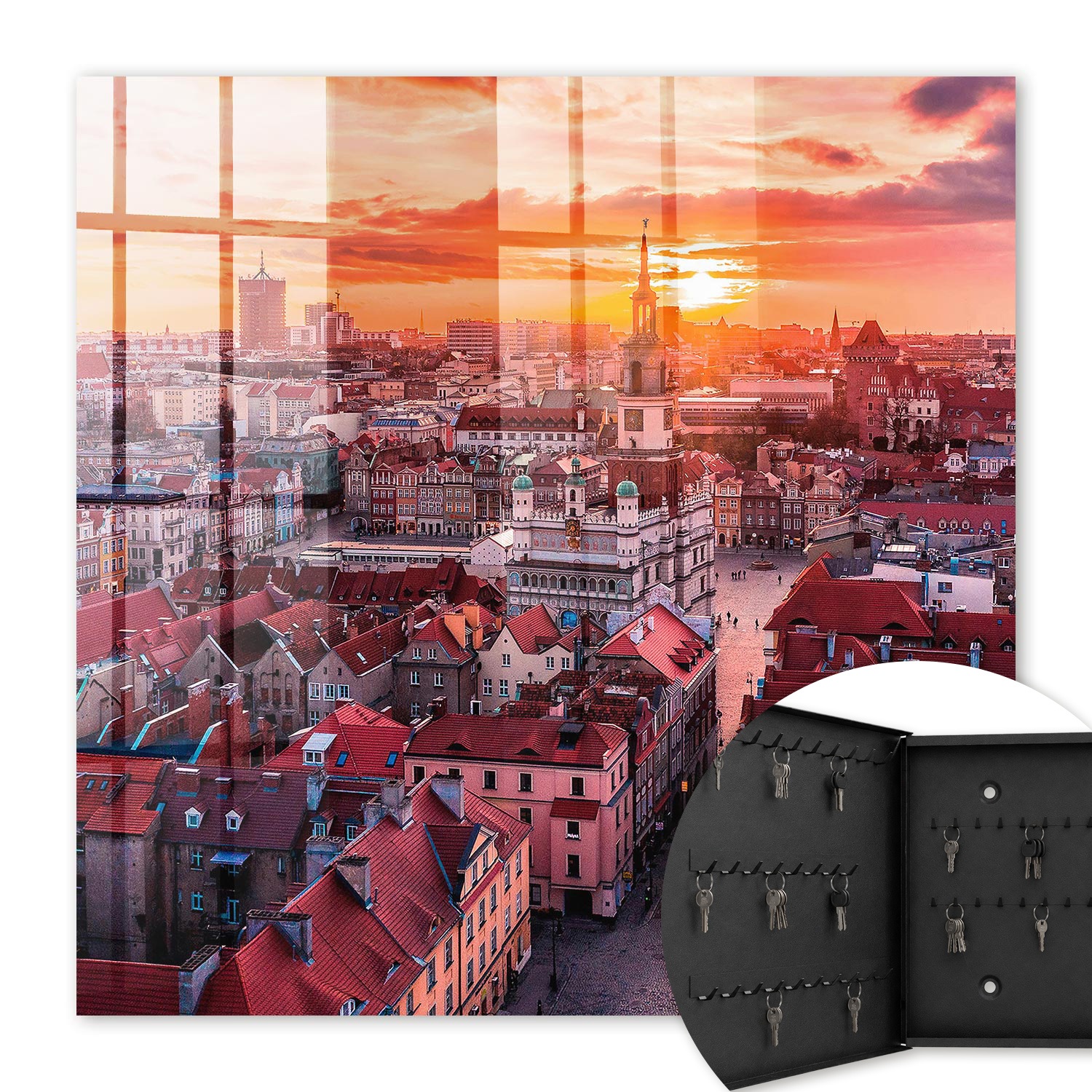 Armoire À Clés - (30 Cm X 30 Cm) - Boîte À Clés Murale - Coffret De Rangement Pour Clés - Couleur Noire - Ouverture Vers La Gauche - Pour Maison Et Bureau - Coucher De Soleil