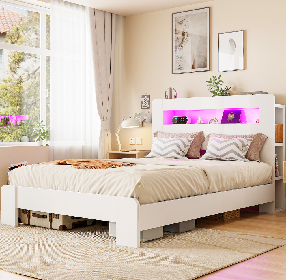 Redom - Lit Double 140x200 Cm Avec Rangement, Led Et Prises Bois Blanc (sans Matelas)