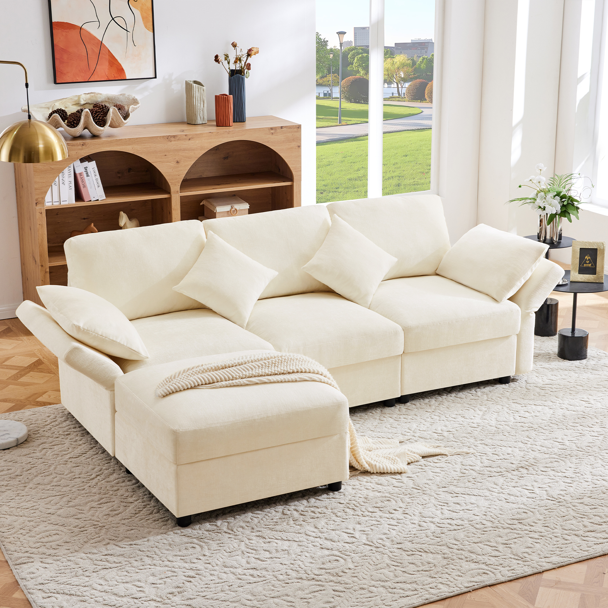Redom Canapé D'Angle 3places, Avec Pouf Modulable, Accoudoirs Réglables, 4 Coussins, Chenille Beige