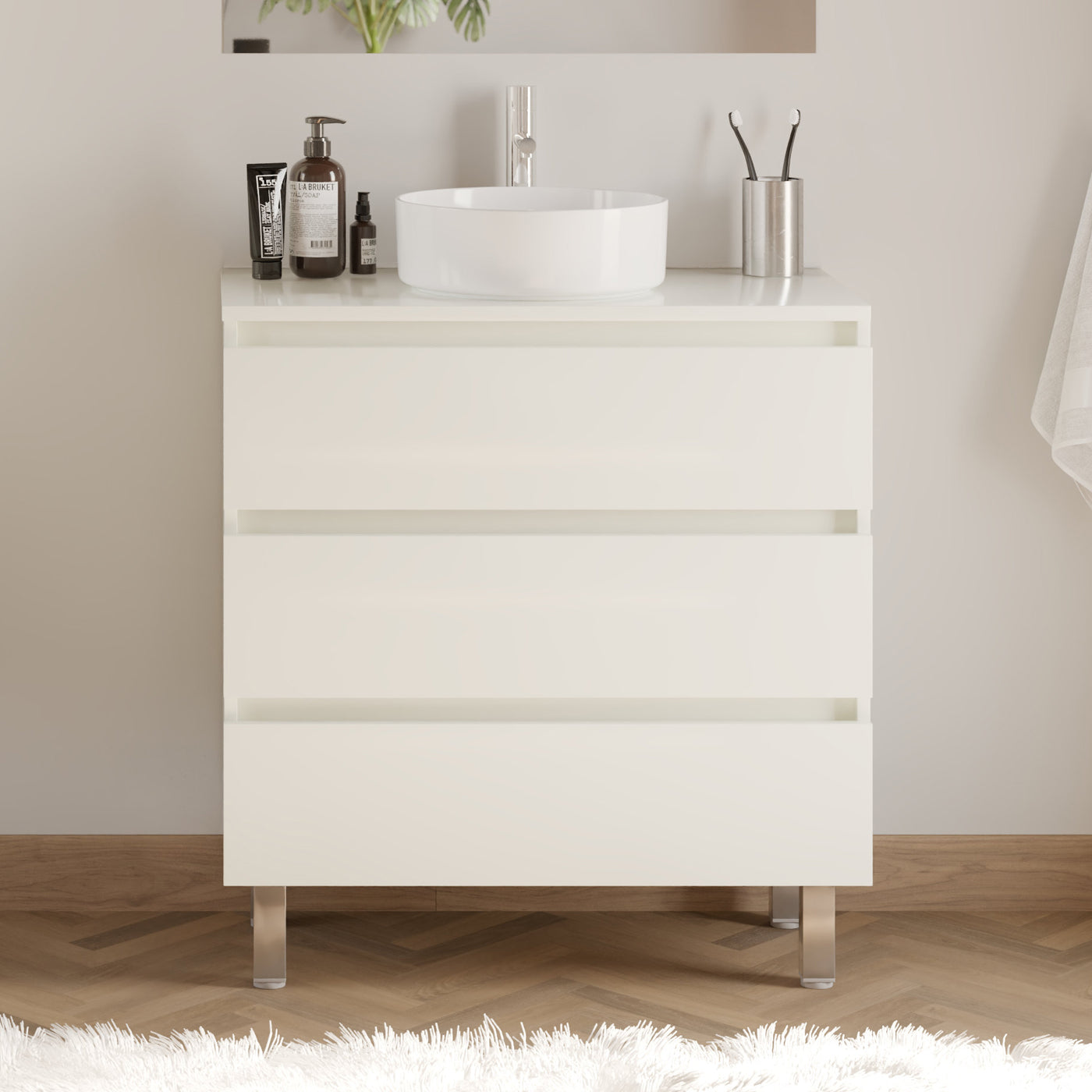 Meuble De Salle De Bain 80cm Avec Plateau Et Vasque À Poser Ronde - 3 Tiroirs - Sans Miroir - Blanc Brillant - Mayor