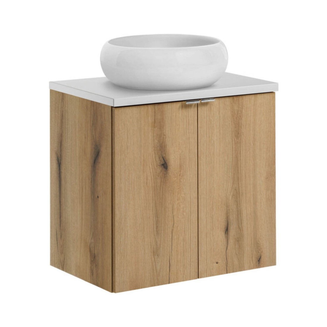 Ensemble Vano Aspect Chêne Et Blanc 60cm: Meuble Sous Vasque À Placards + Plan Pour Vasque + Vasque À Poser Ronde Blanche