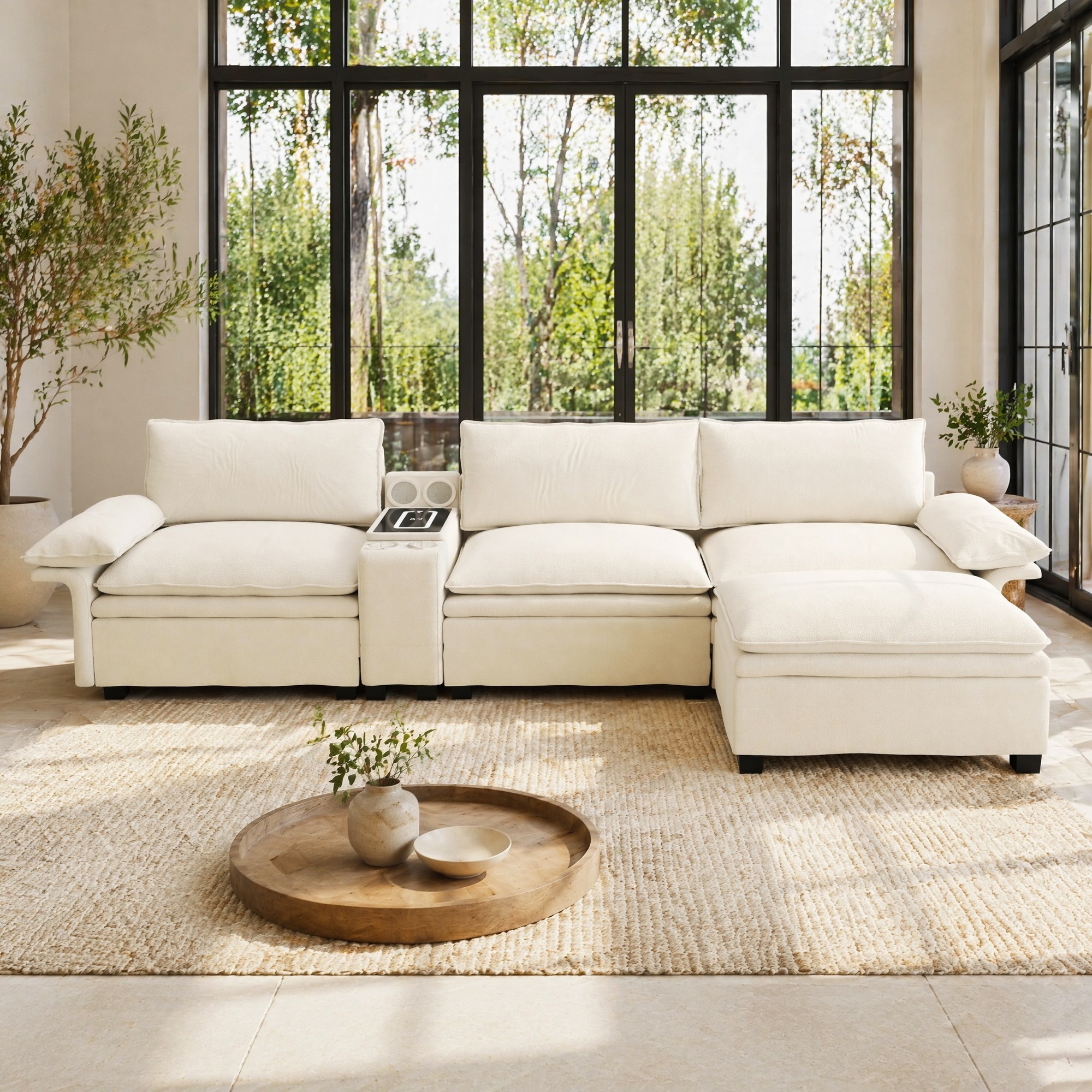 Canapé D'angle Modulaire 4 Places En Chenille Beige, 315 Cm, Avec Ottoman Et Console
