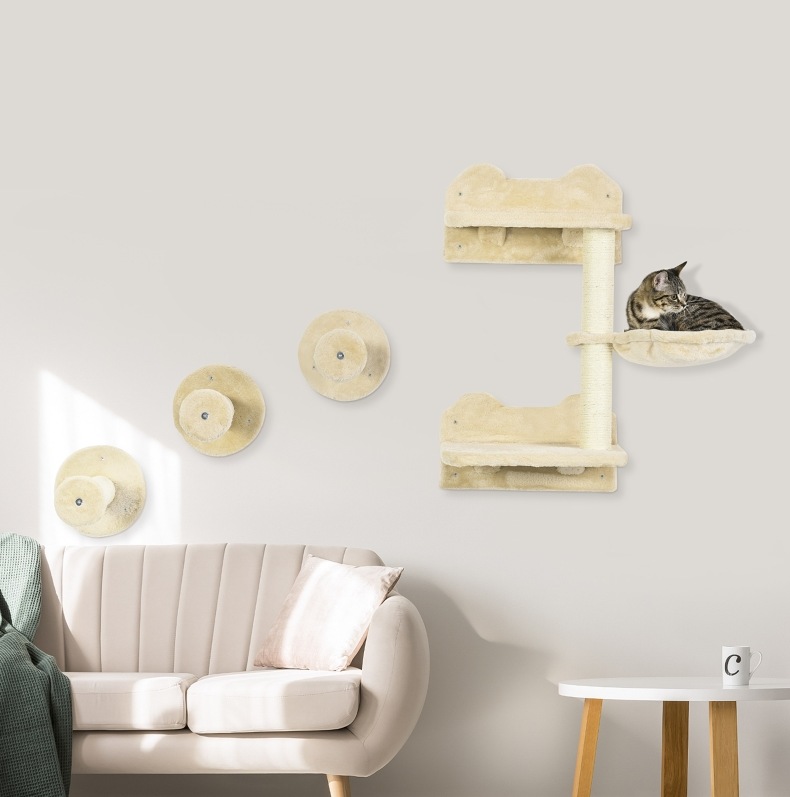 Set De 4 Marches Murales Pour Chat Avec Griffoir Et Hamac, Beige, 40 X 28 X 73 Cm