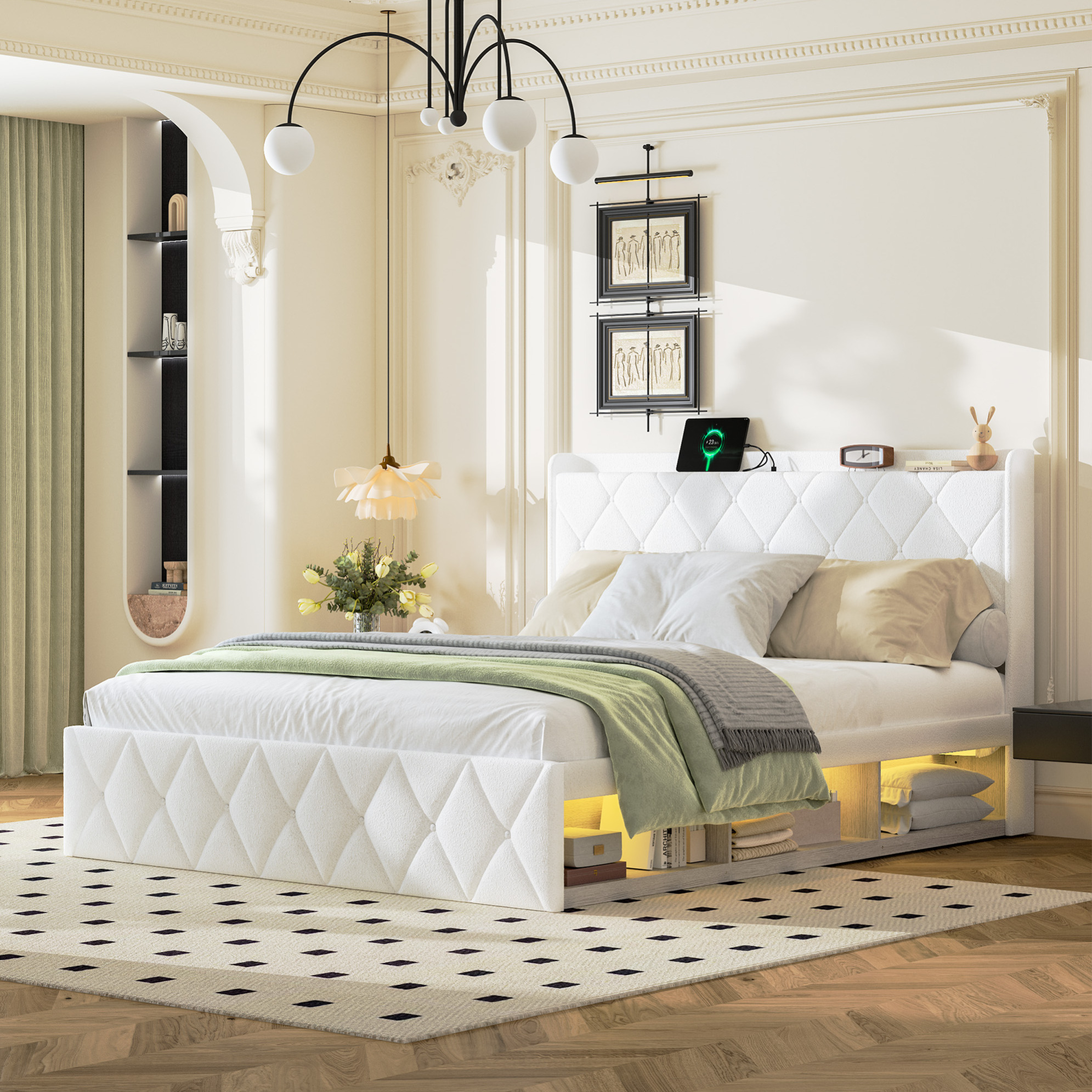Cama Tapizada Doble (210x166.5x106.5 Cm), Con Usb, Luces Led, Almacenaje, Tejido Teddy Blanco