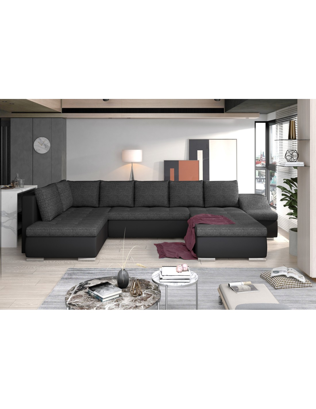 Canapé Panoramique Gyovani Gris Et Noir Angle Droit Convertible Mousse T30