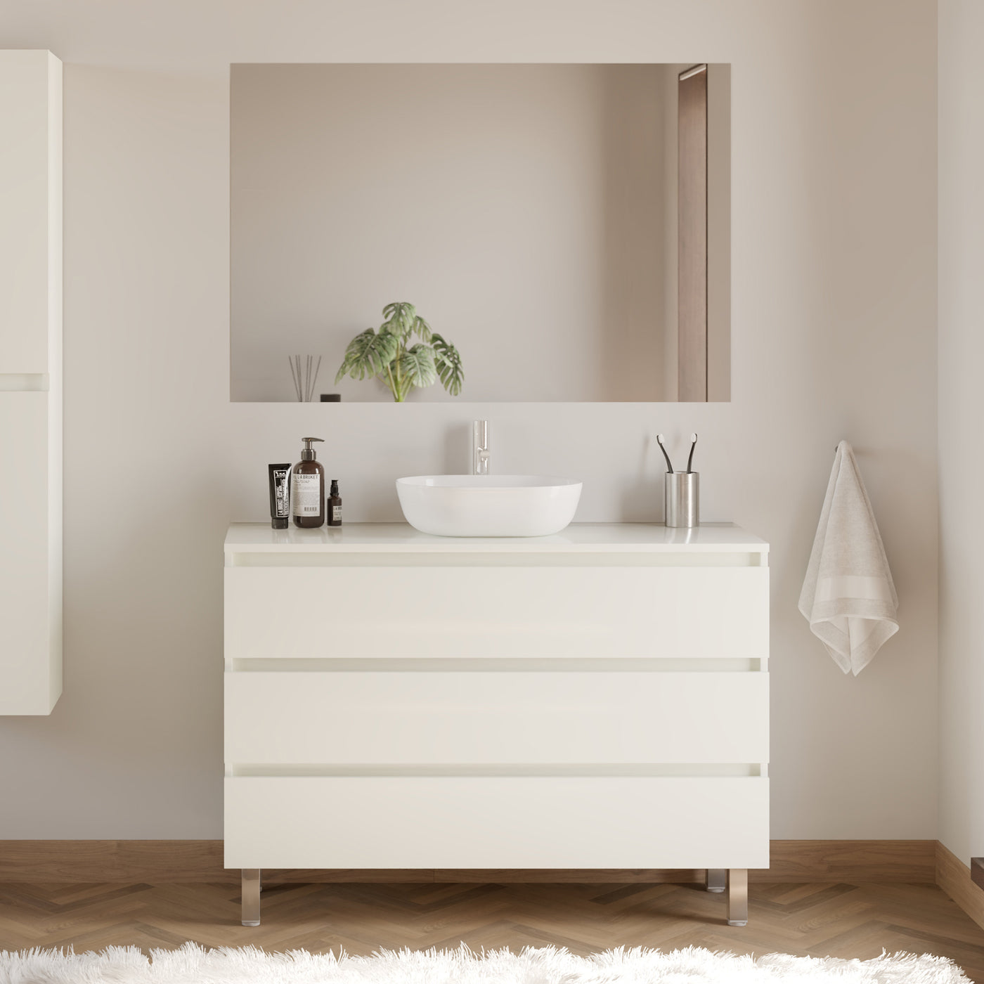 Meuble De Salle De Bain 120cm Avec Plateau Et Vasque À Poser Arrondie - 3 Tiroirs - Blanc Brillant - Mayor