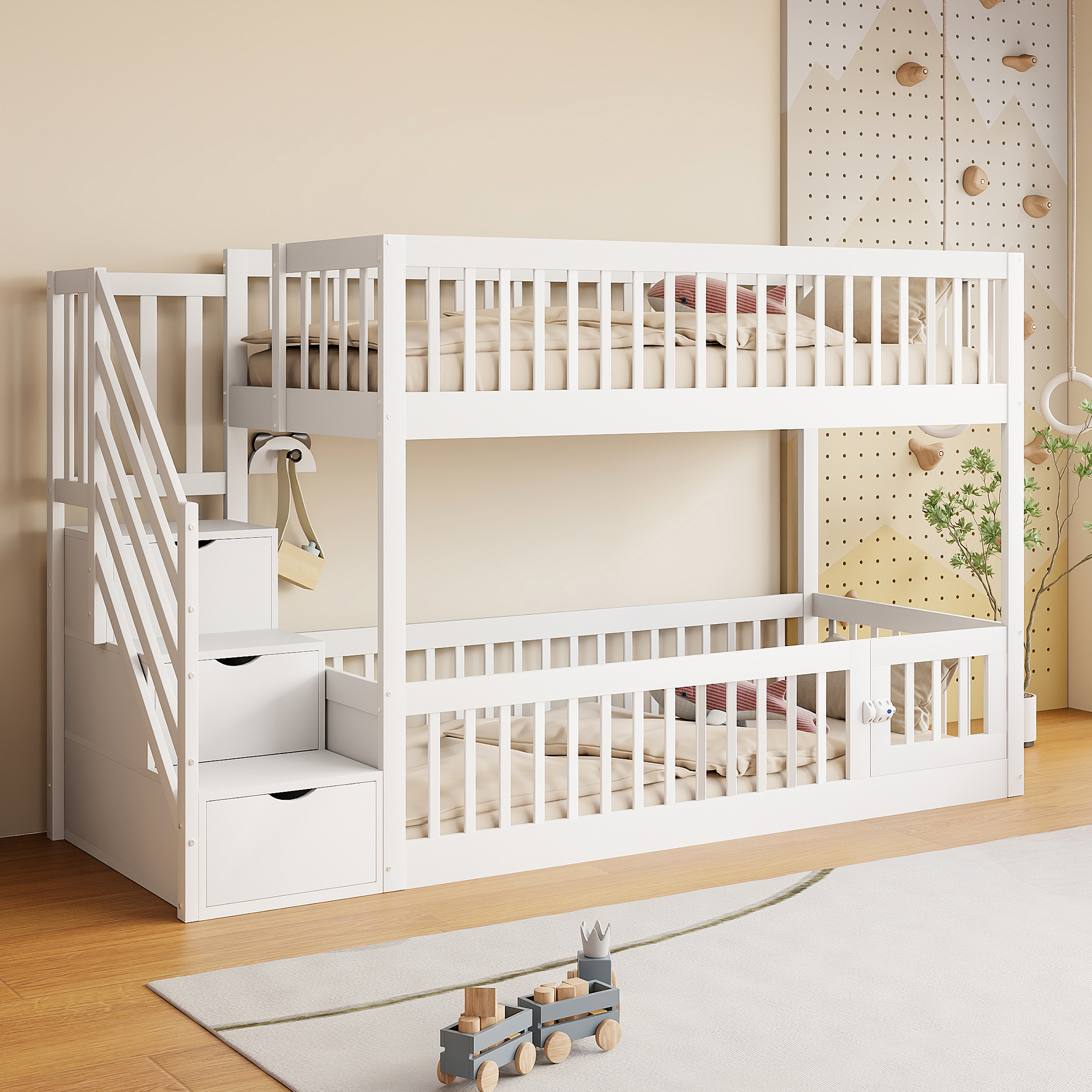 Redom Lit Superposé 140x200 Cm Avec Escalier De Rangement Et Porte Ouvrante, Bois, Blanc (sans Matelas)