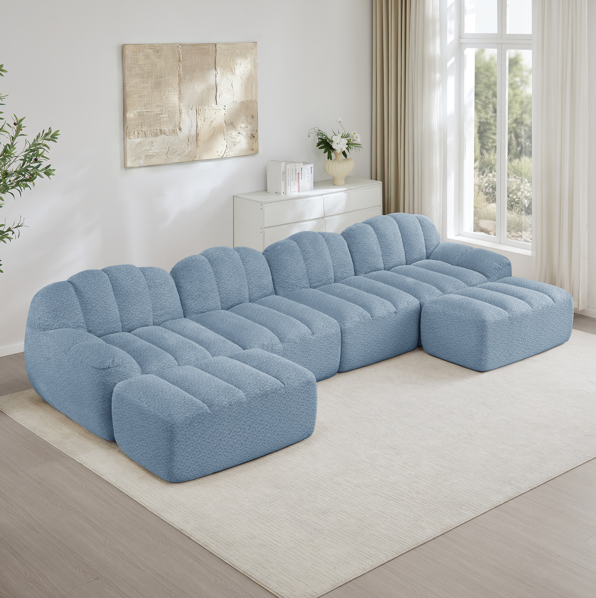 Canapé Modulaire U 4 Places Avec 2 Ottomans, Forme Coquille, Mousse 32d, Tissu Bleu, Redom