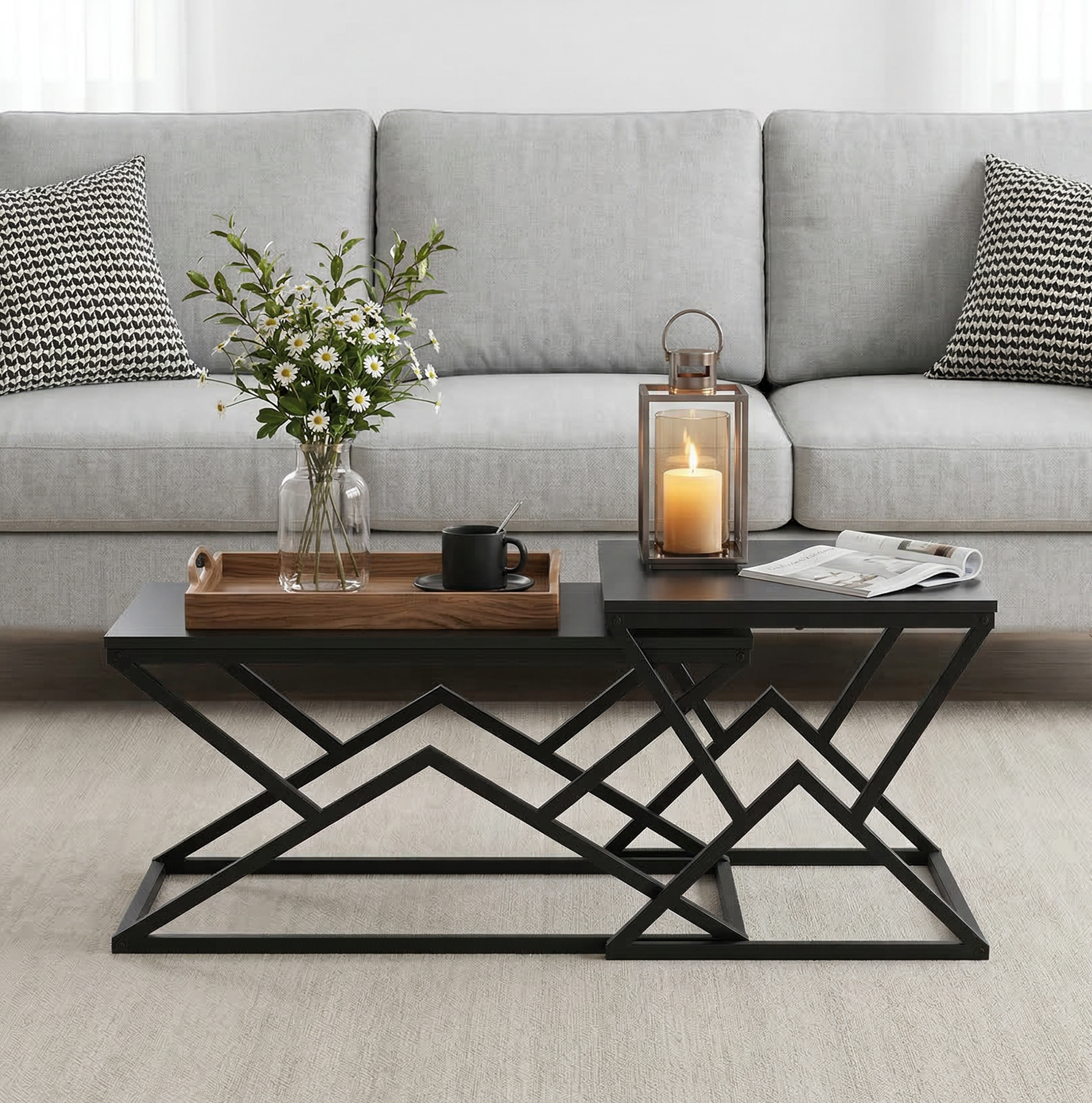 Table Basse Géométrique Moderne 80x50x40 Cm En Bois Et Métal Noir, Style Industriel