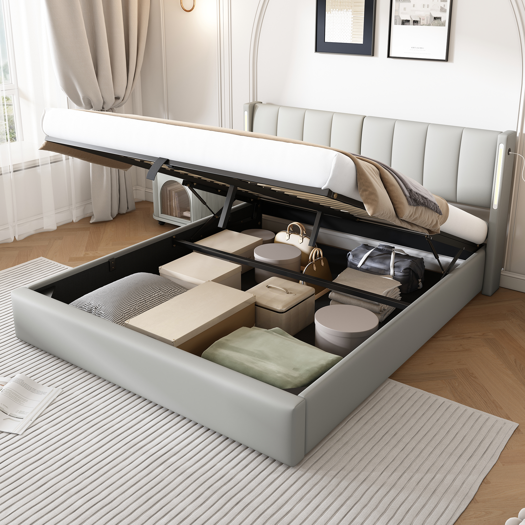 Redom Lit Coffre 180x200 Avec Led Usb Rechargeable Rangement Tête De Lit Réglable Pu Gris (sans Matelas)
