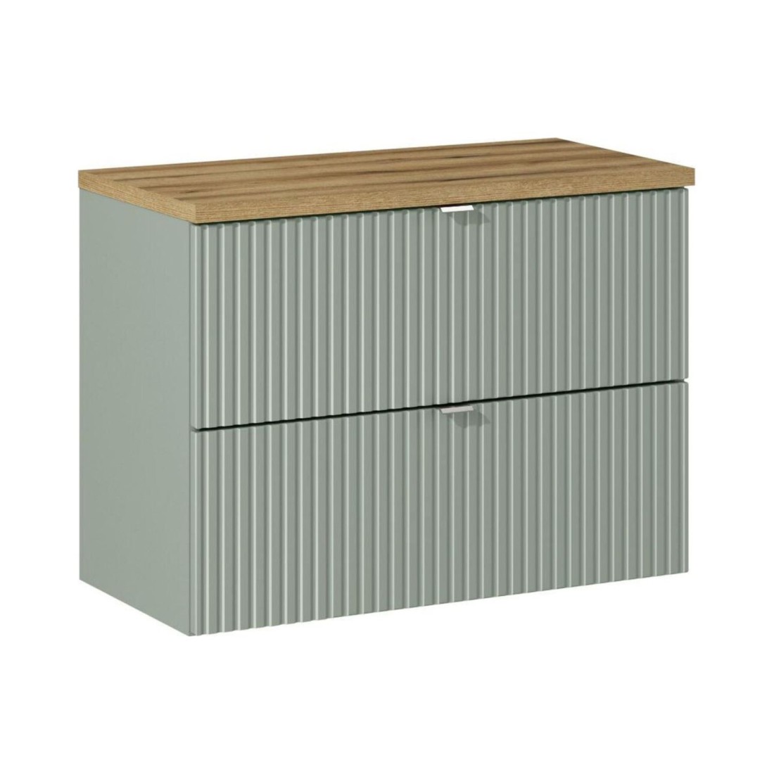 Ensemble Elvina 80cm: Meuble Sous Vasque À Tiroirs Vert Sauge Gris + Plan Pour Vasque Aspect Bois Foncé